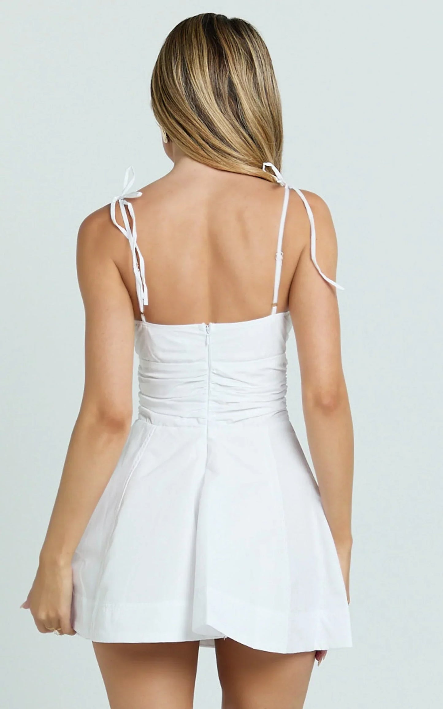 Kristy Mini Dress - V Neck Tie Bust A Line Dress in White