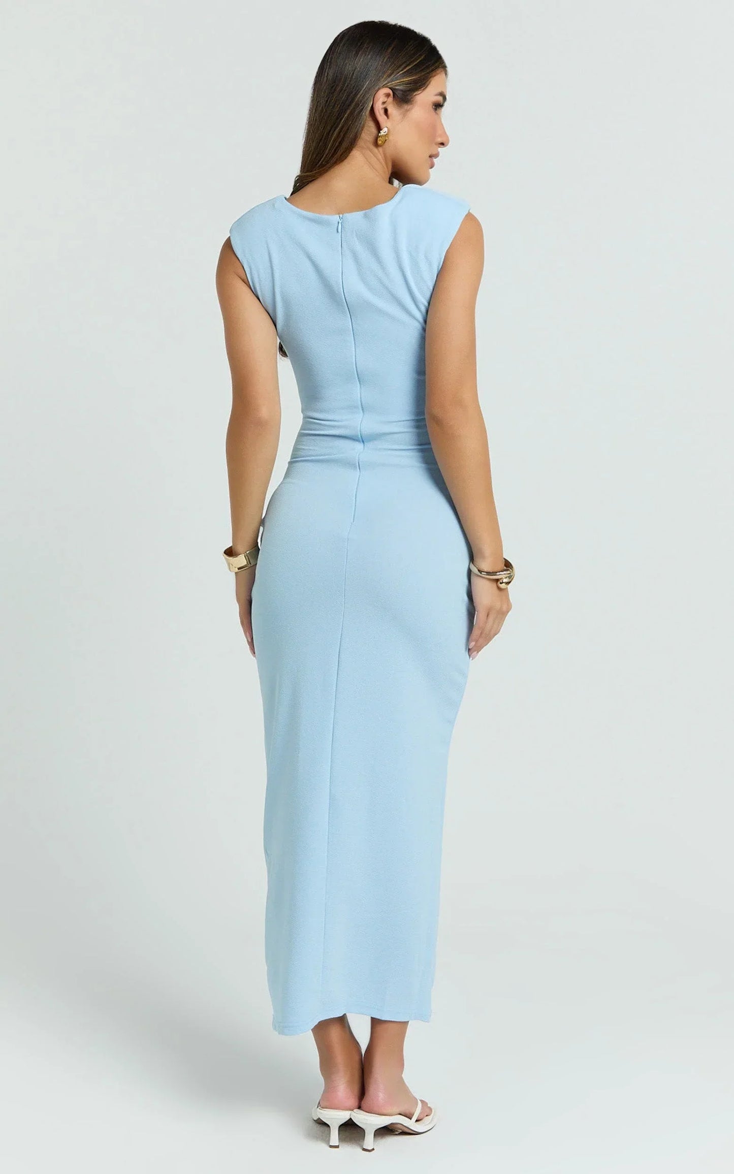 Lucy Midi Dress - Neck Fitted Skirt Dress in Blue