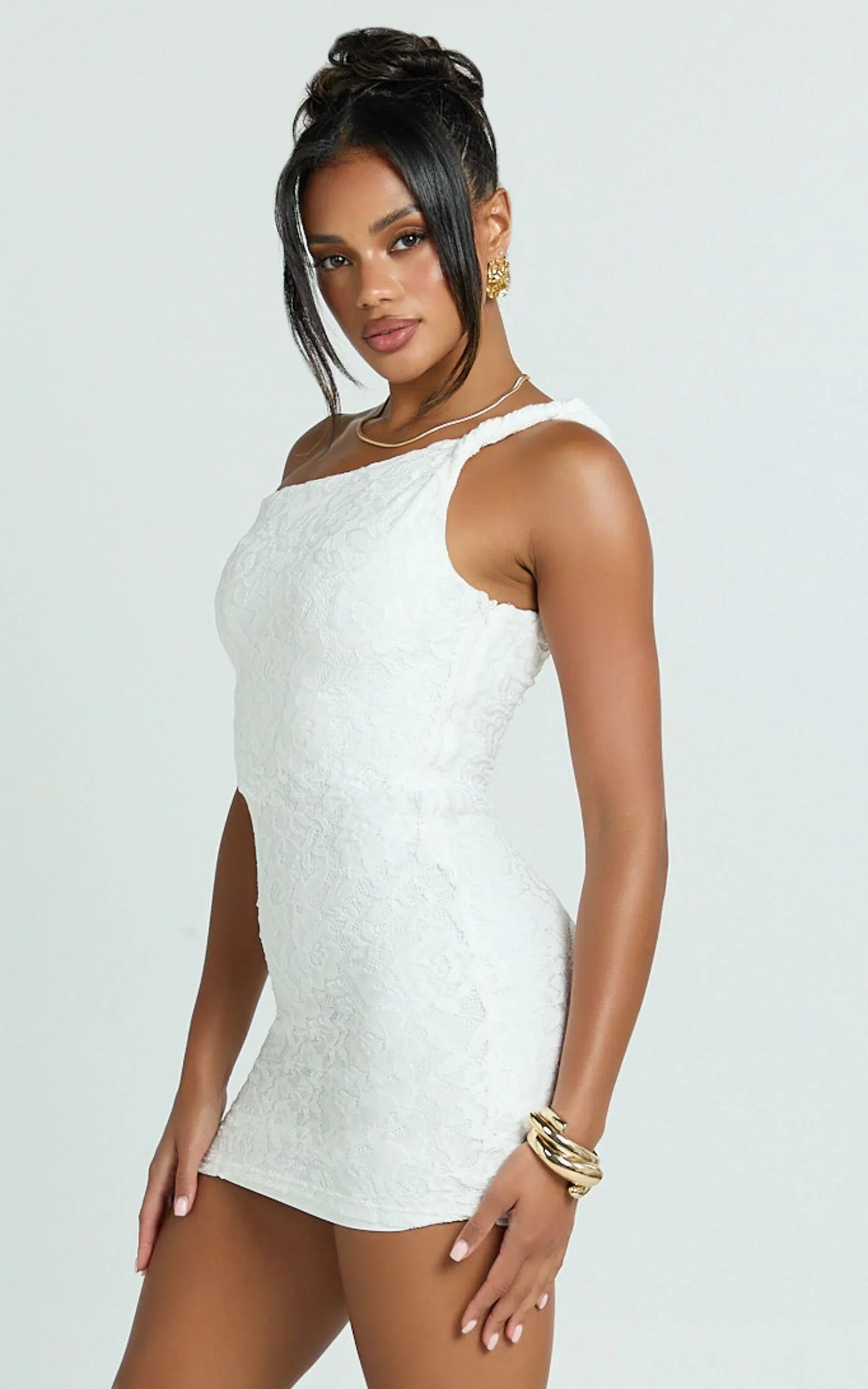 Miller Mini Dress - Lace Twist Off Shoulder Bodycon Dress in White