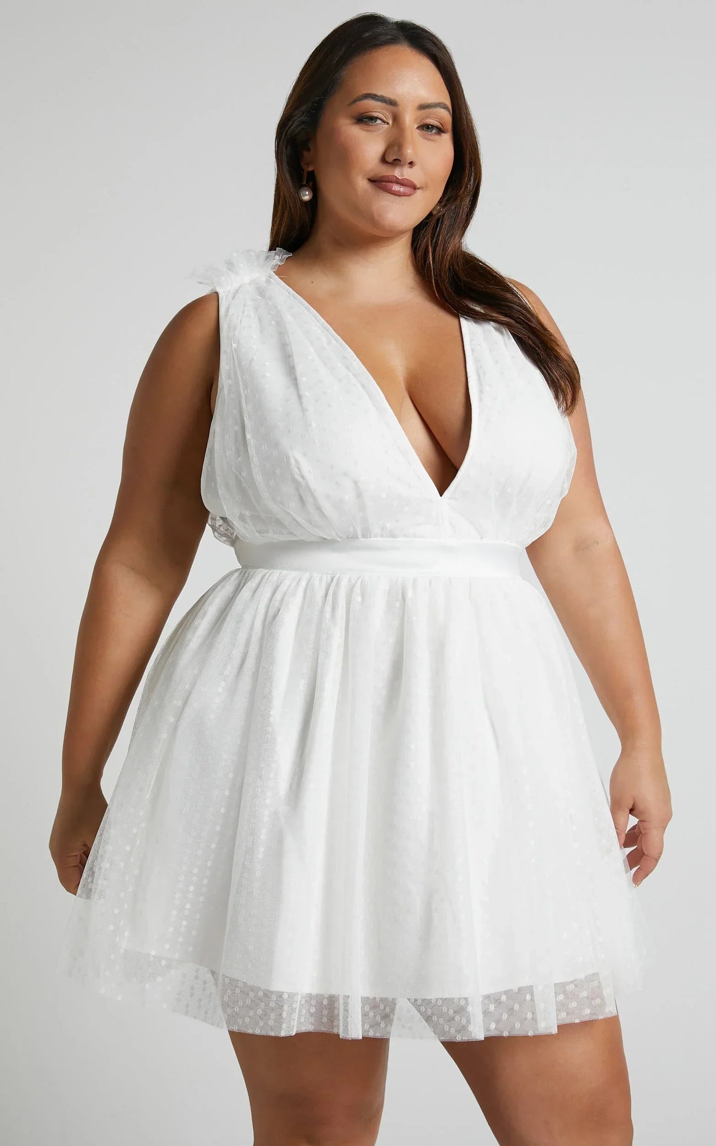 Mariabella Mini Dress - Tulle Plunge Dress in White