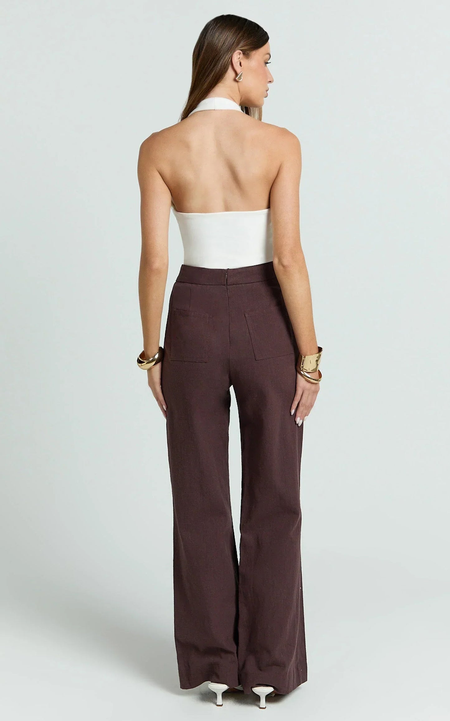 Narcisa Pants - Linen Look High Waist Bootleg Pants in Chocolate