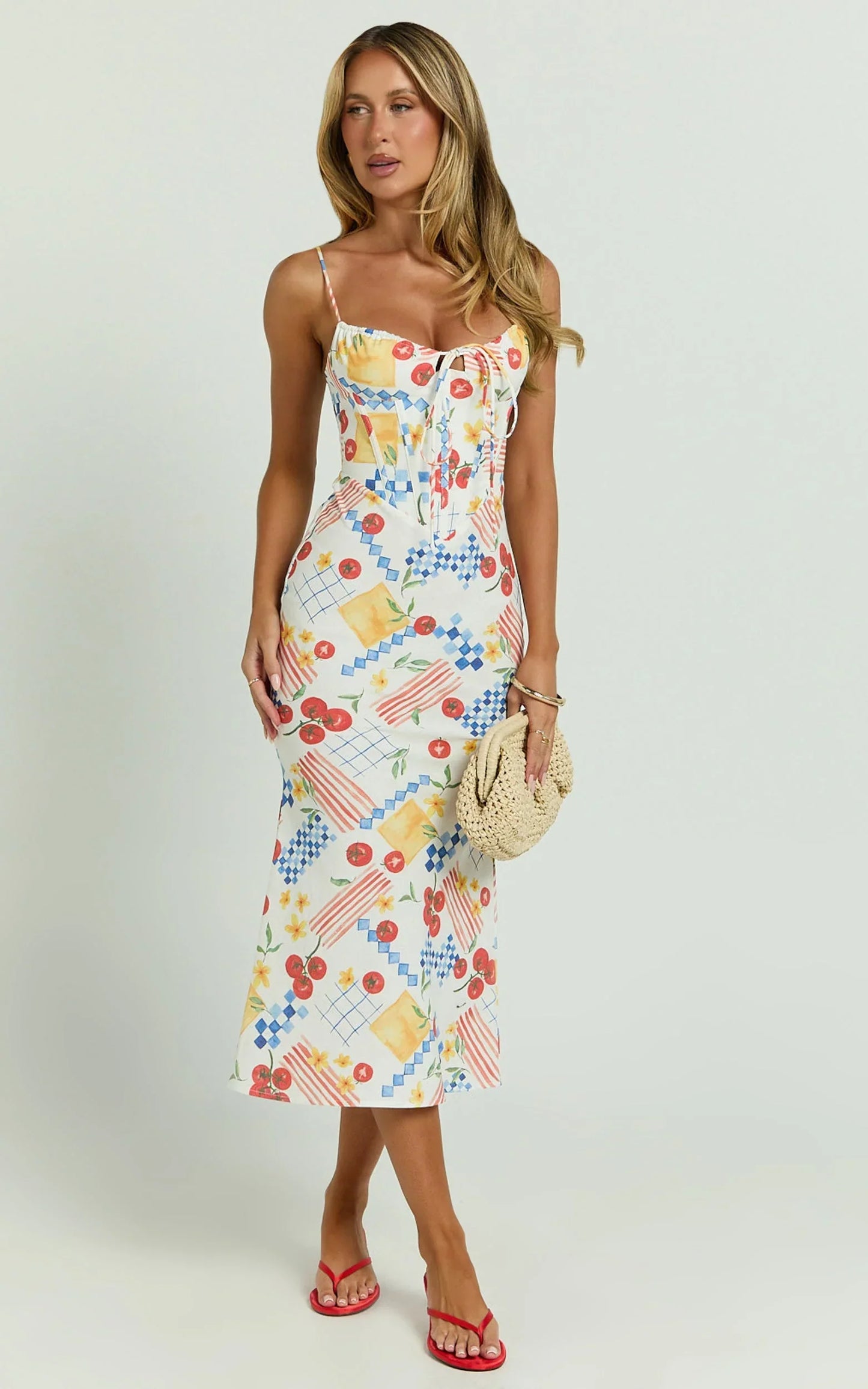 Mikayla Midi Dress - Linen Scoop Neck Ruched Bust Corset Waist Bias Skirt Dress in Pomodoro Paradise Print
