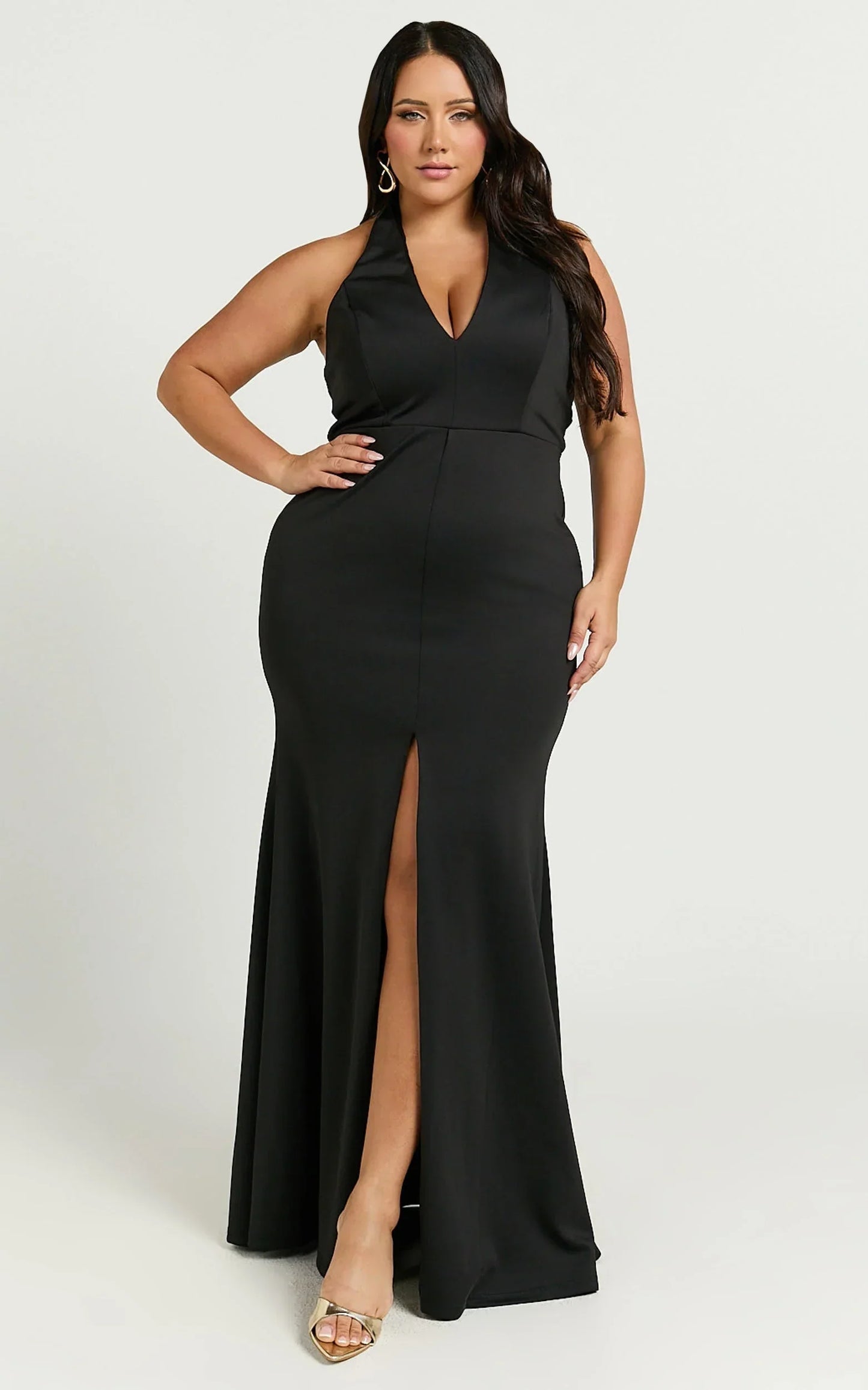 Moana Maxi Dress - Halter Plunge Front Split Dress in Black