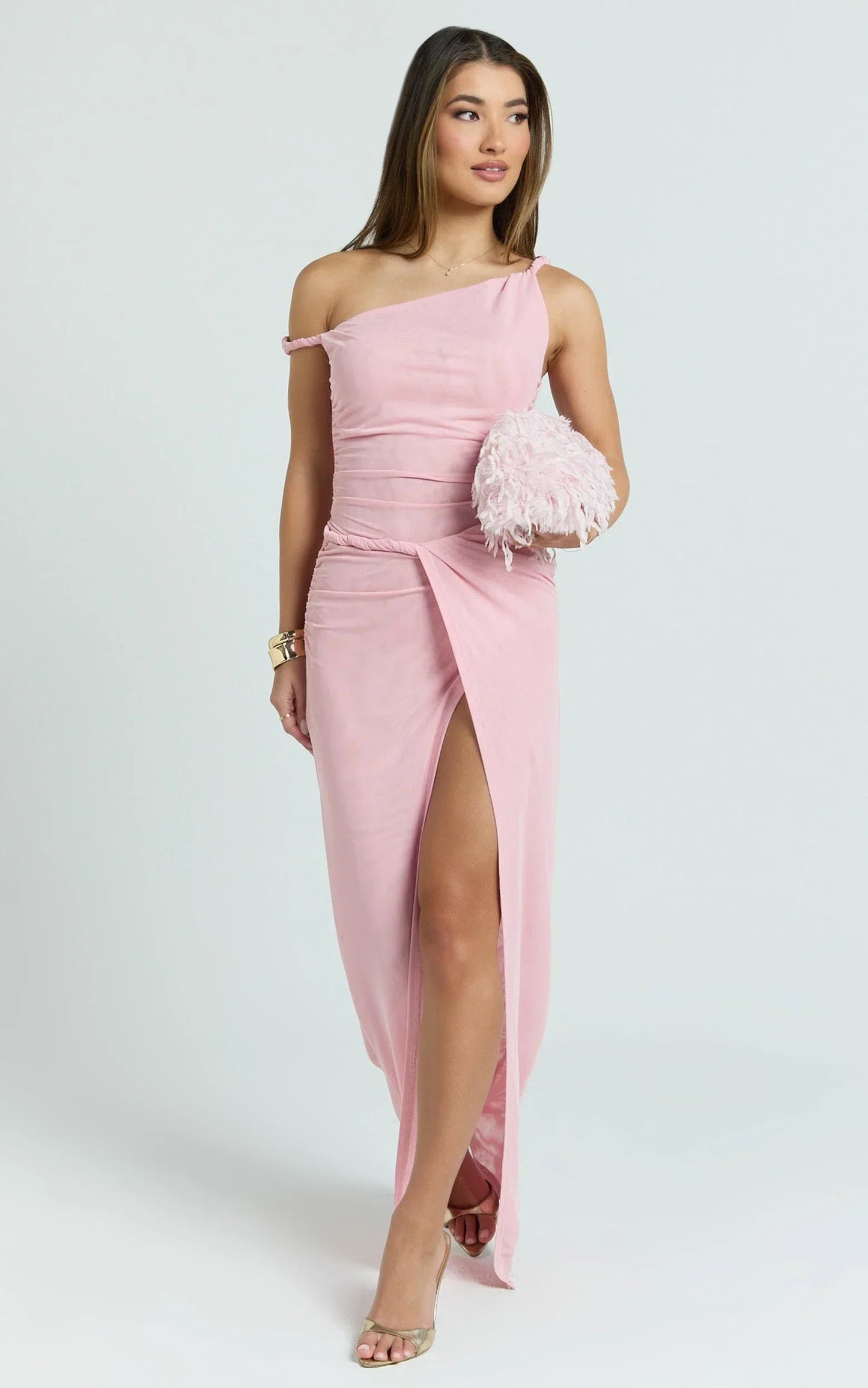 Nicolette Maxi Dress - One Shoulder Faux Wrap Bodycon Dress in Blush