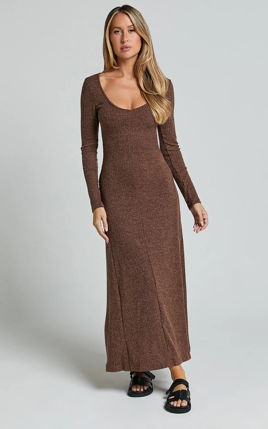 Lydia Midi Dress - V Neck Long Sleeve Knitted Dress in Chocolate