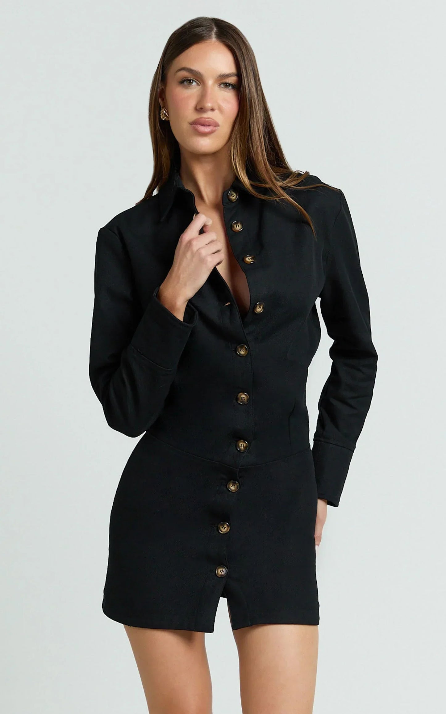 Lizzie Mini Dress - Long Sleeve Button Front Shirt Dress in Black