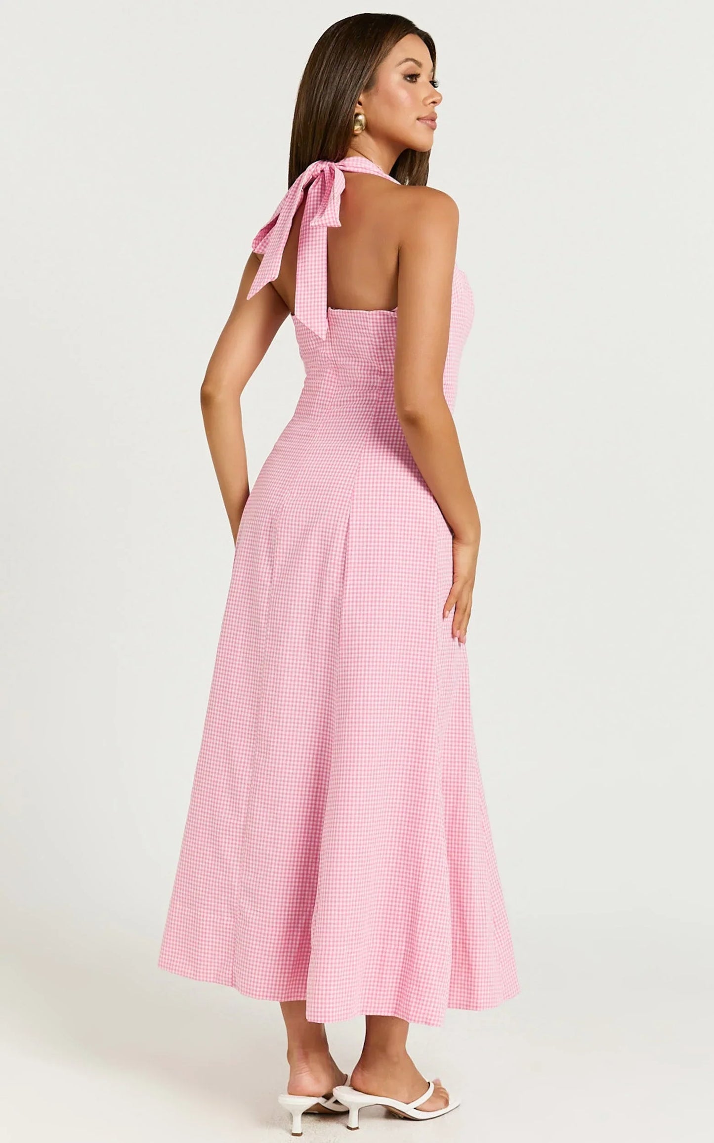 Narissa Midi Dress - Halter A Line Dress in Pink Gingham