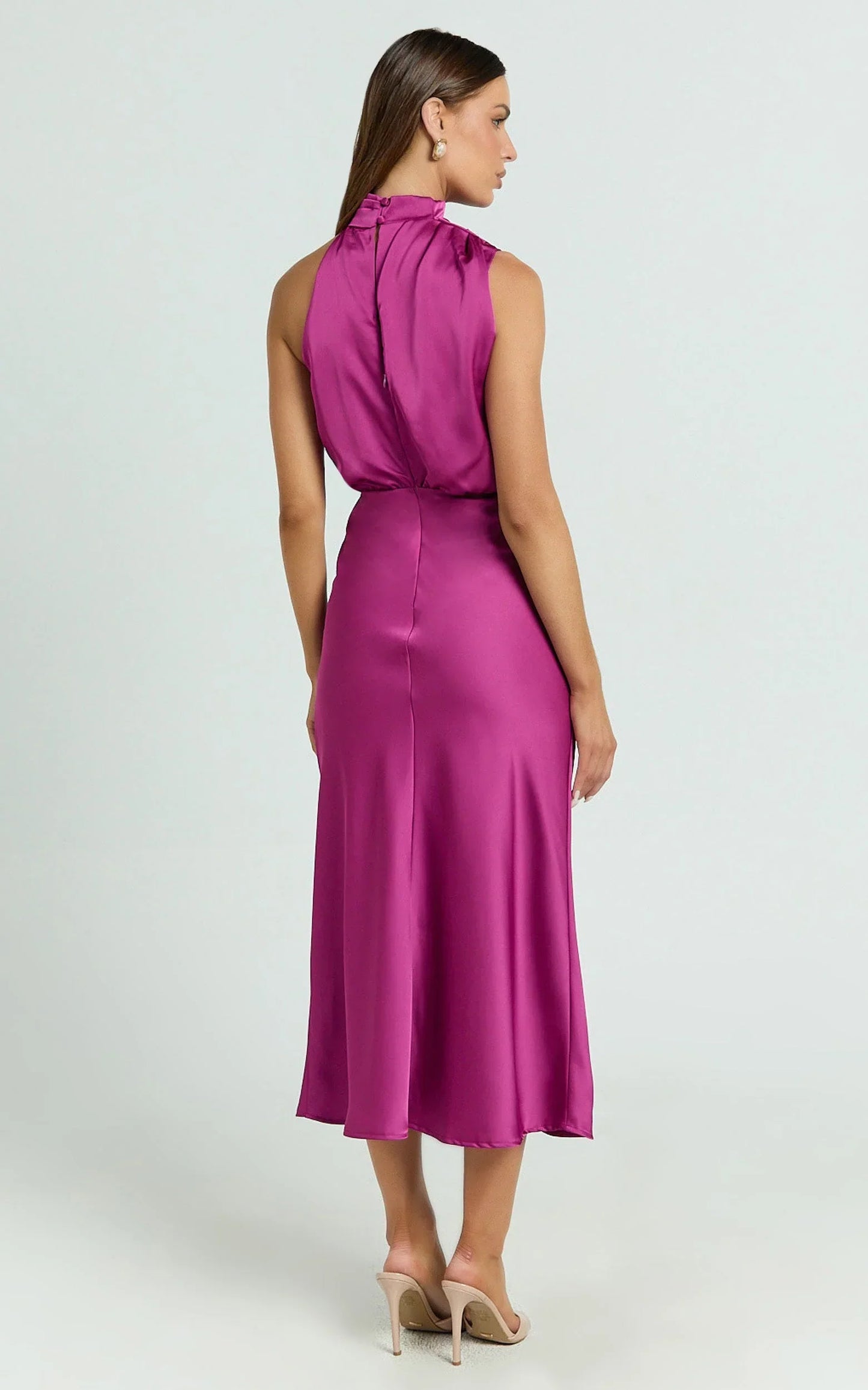Minnie Midi Dress - Drape Neck Satin Slip Dress in Purple