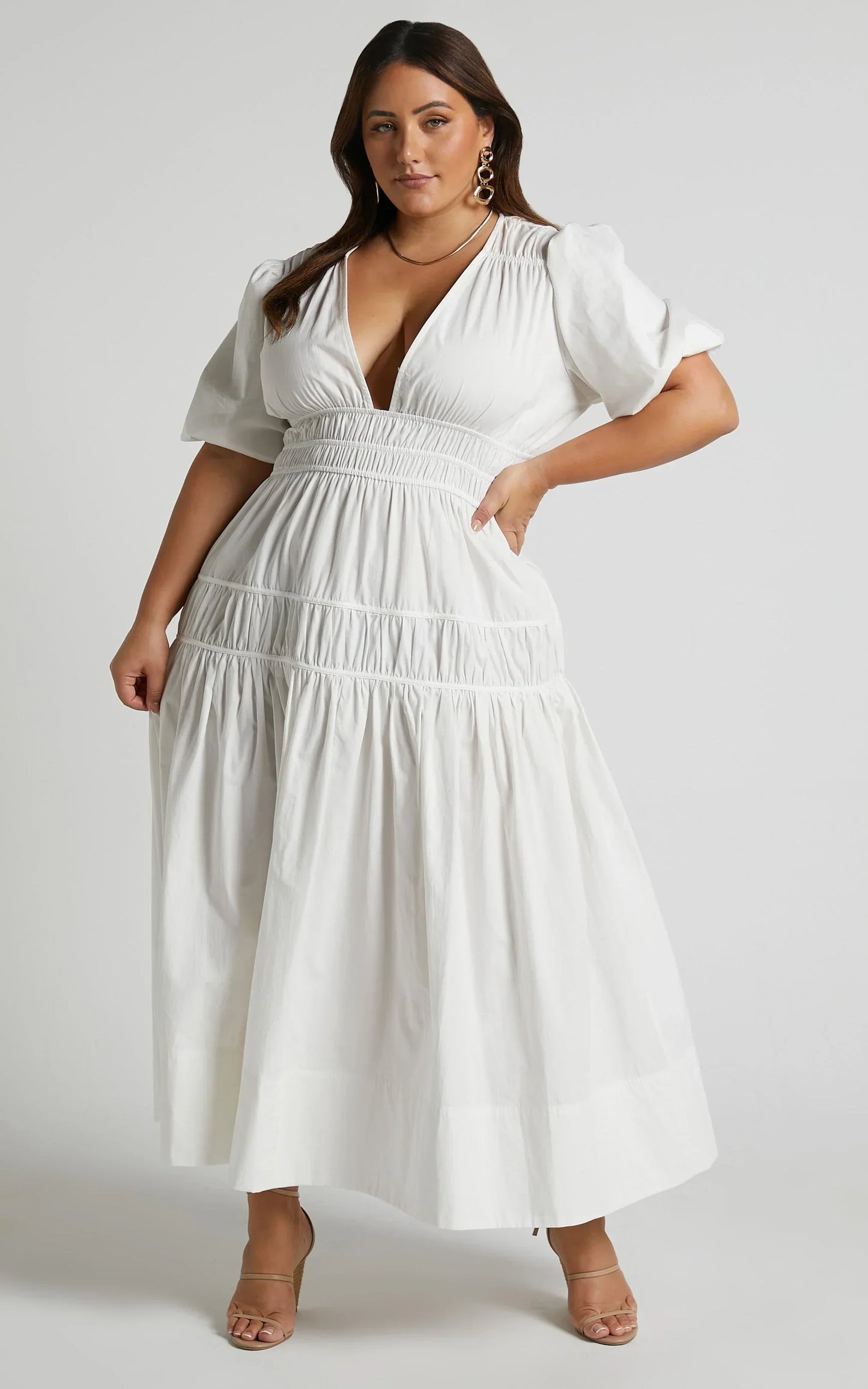 Mellie Midi Dress - Puff Sleeve Plunge Tiered Dress in White
