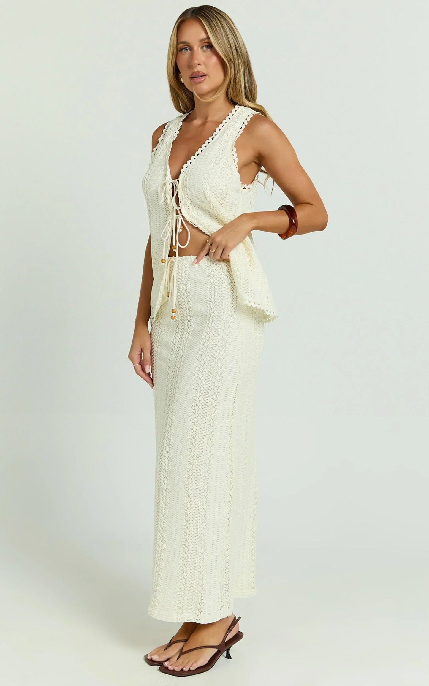 Mercedes Maxi Skirt - Crochet Tie Waist Skirt in Cream
