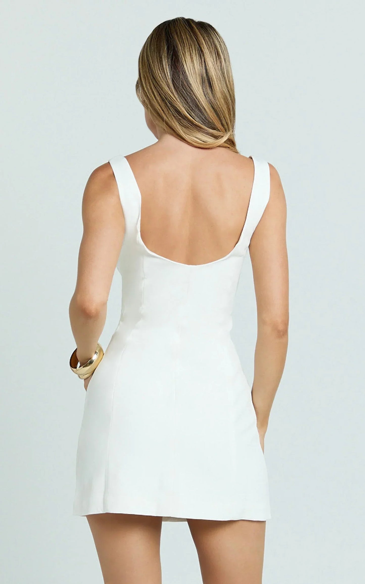 Marcia Mini Dress - Scoop Neck Hook And Eye Front Bodice Fitted Dress in Cream