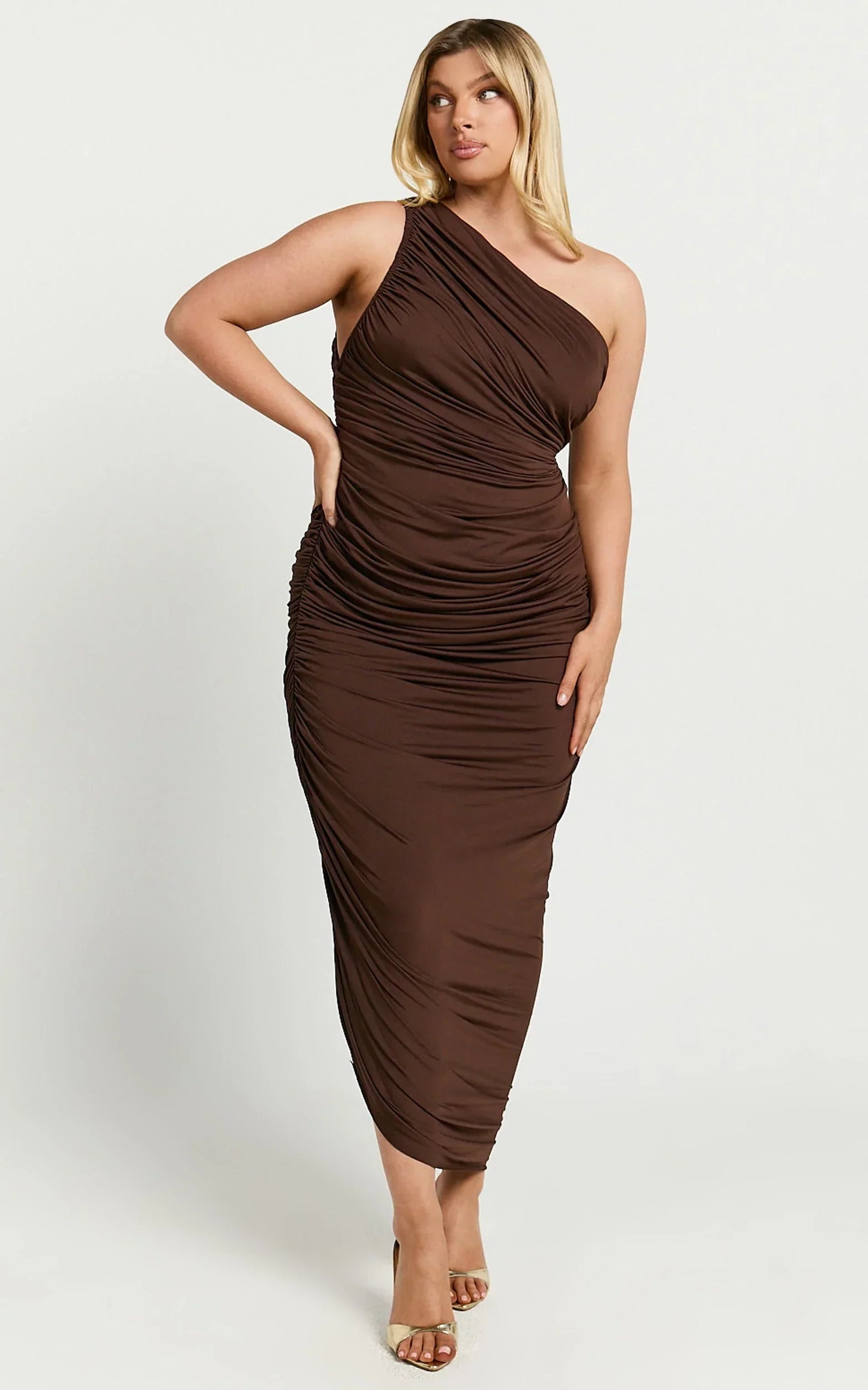 Lovlin Midi Dress - One Shoulder Ruched Dress in Chocolate