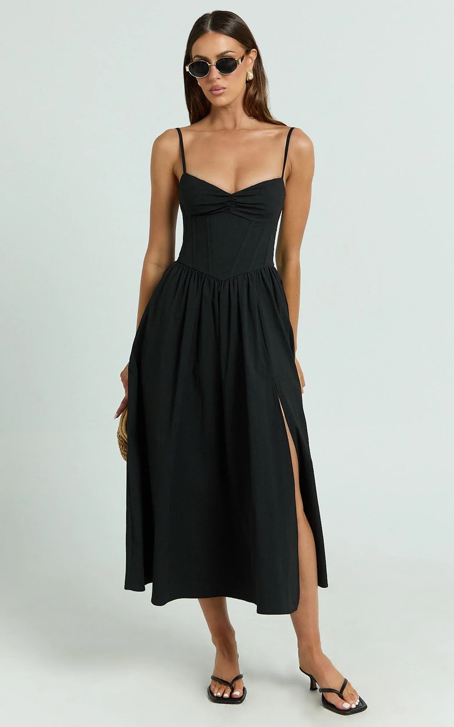 Maddie Midi Dress - Sweetheart Fit And Flare Gathered Dress in Black