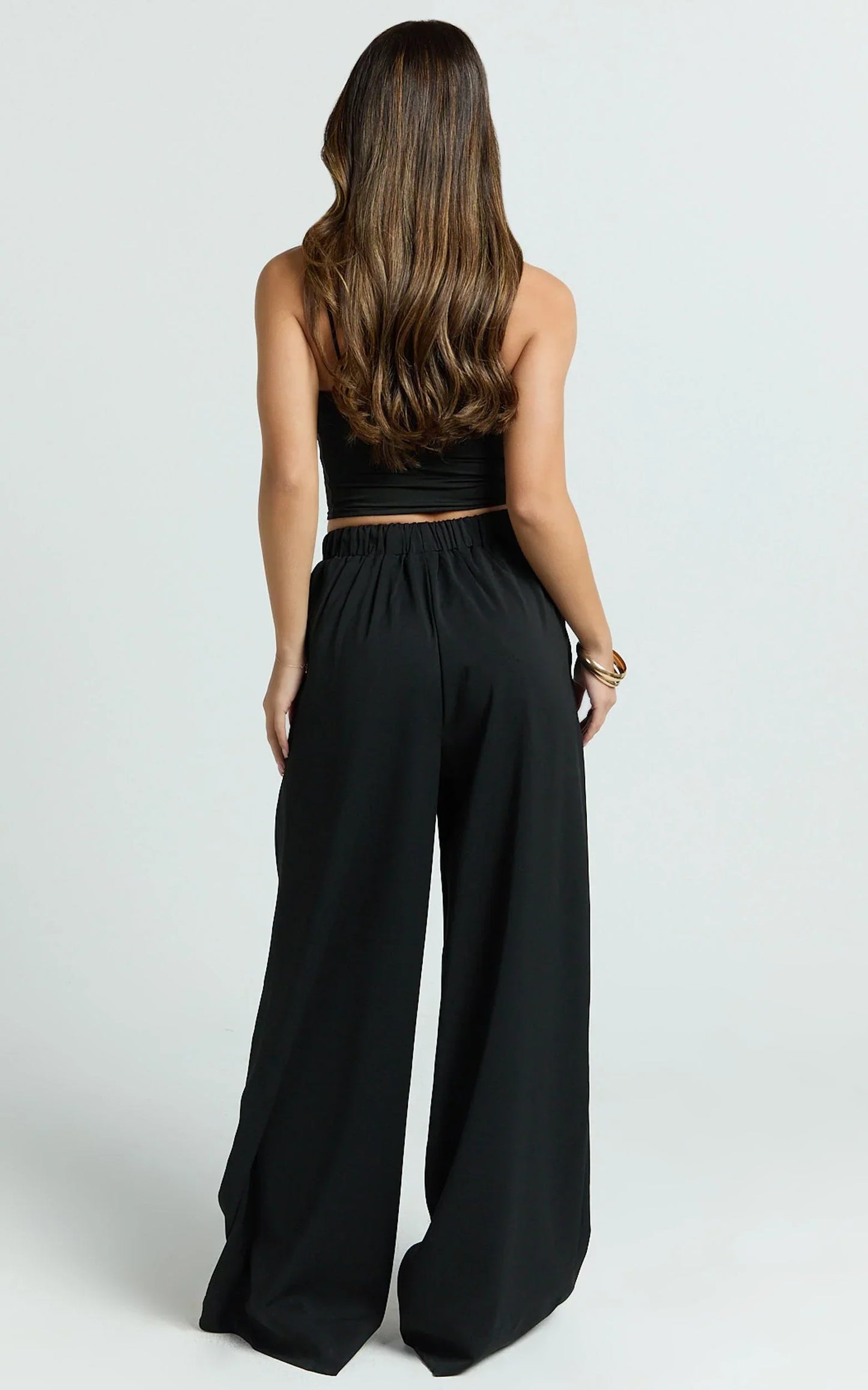 Nicole Pants - High Waist Elasticated Gathered Waist Wide Leg Pants in Black