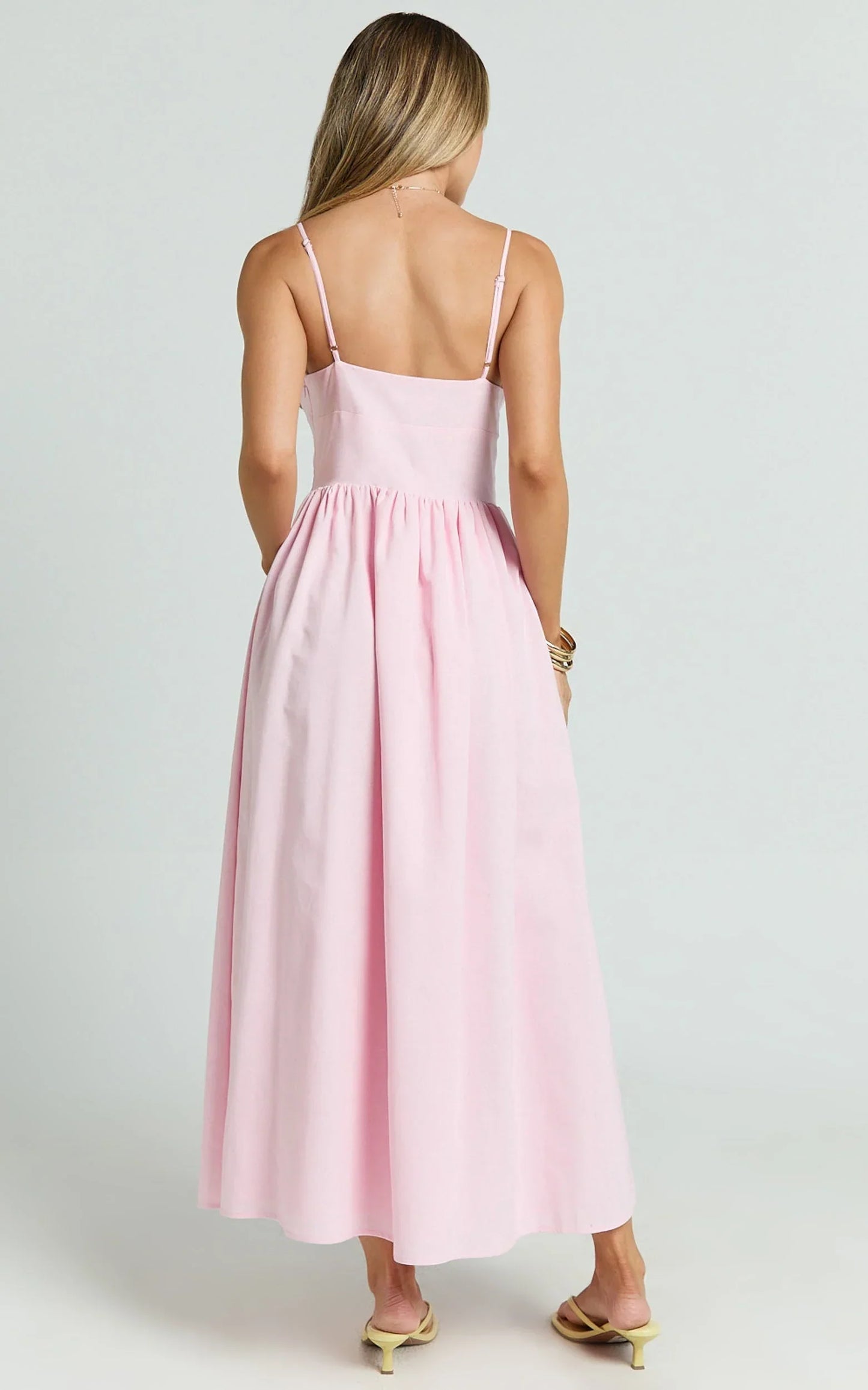 Morris Midi Dress - Linen Scoop Neck Gathered Dress in Pink