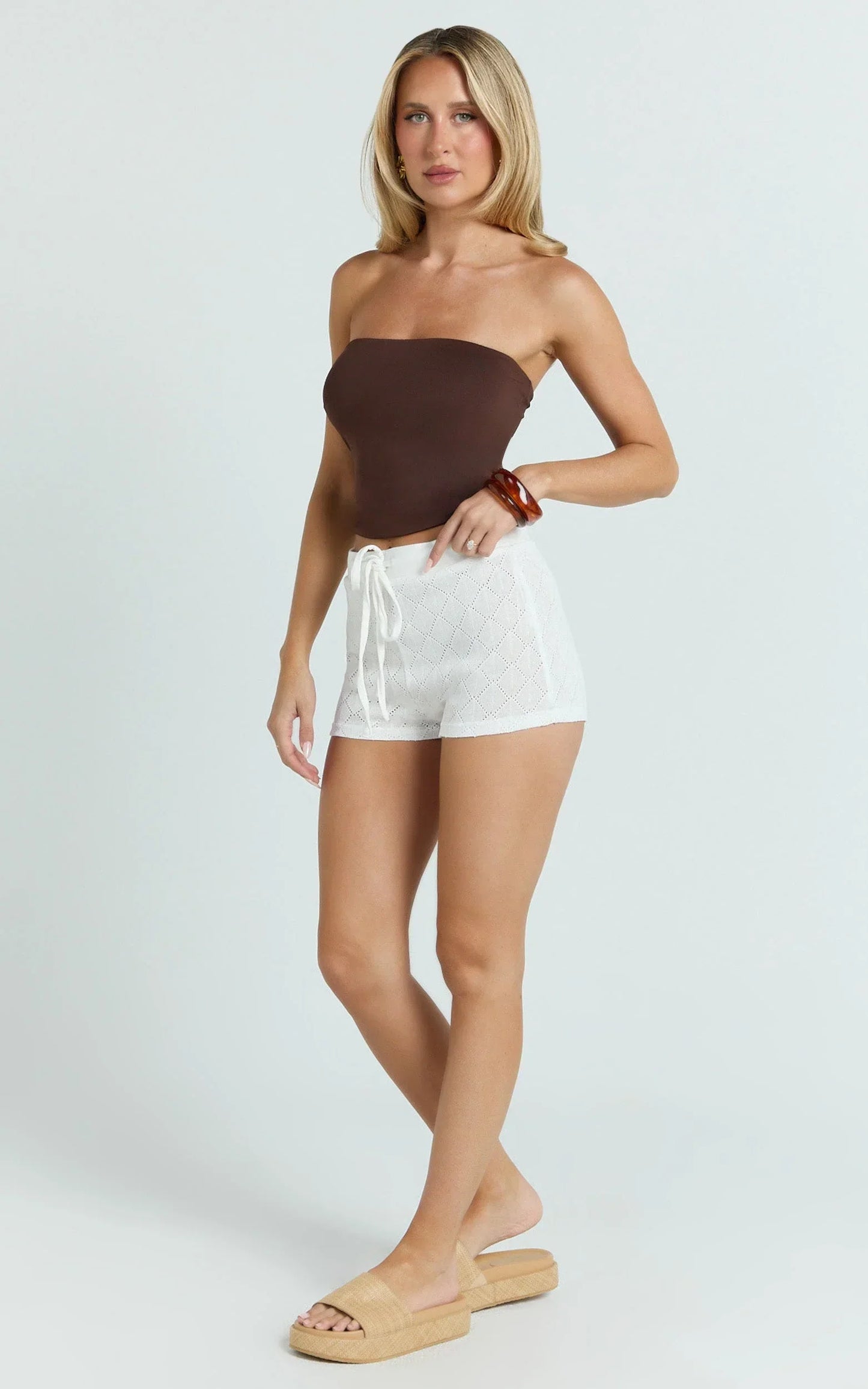 Laurel Shorts - Drawstring Crochet Mini Shorts in Off White