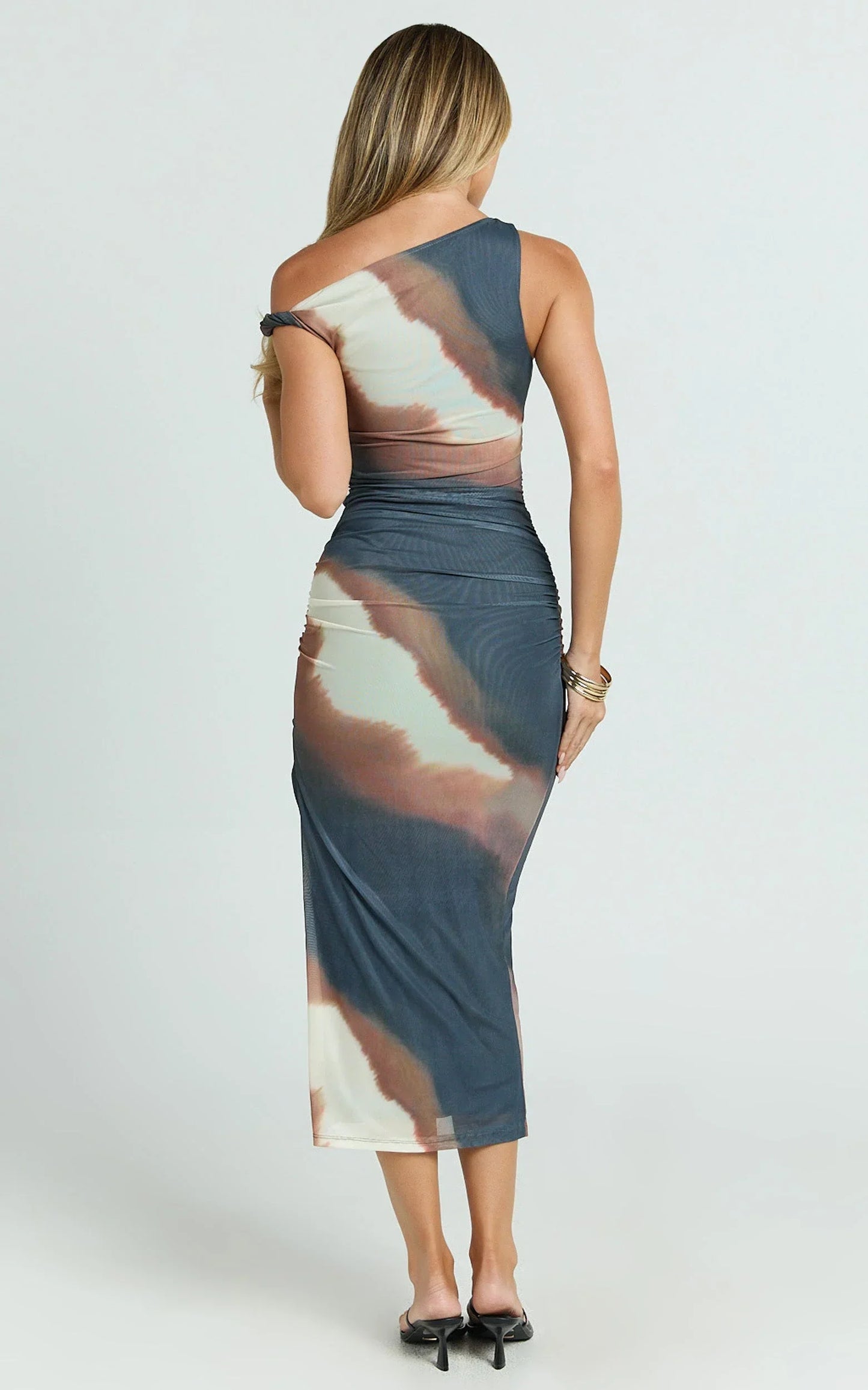 Nenita Midi Dress - One Shoulder Mesh Dress in Rust Print