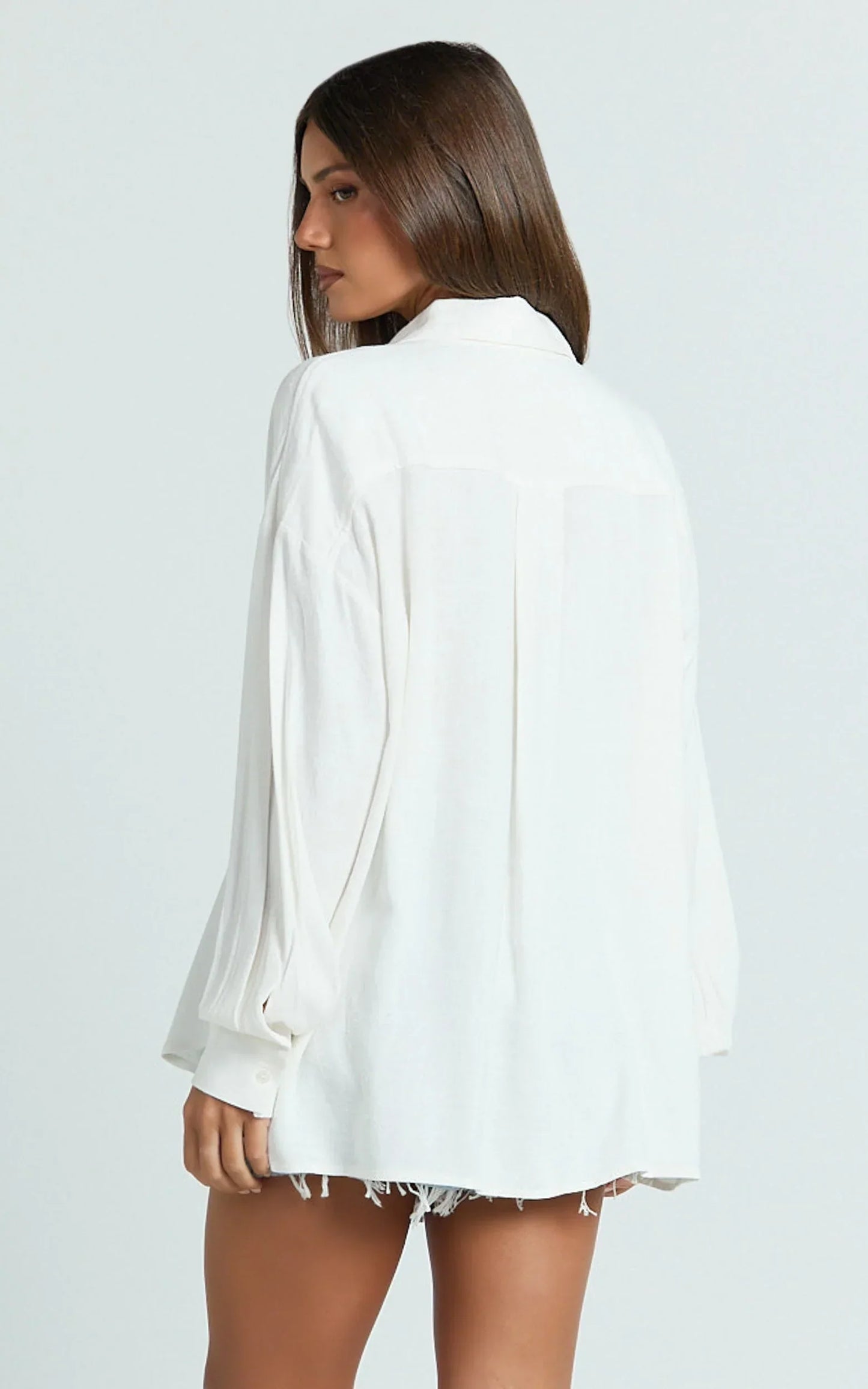 Leanne Top - Button Down Linen Blend Long Sleeve Shirt in White