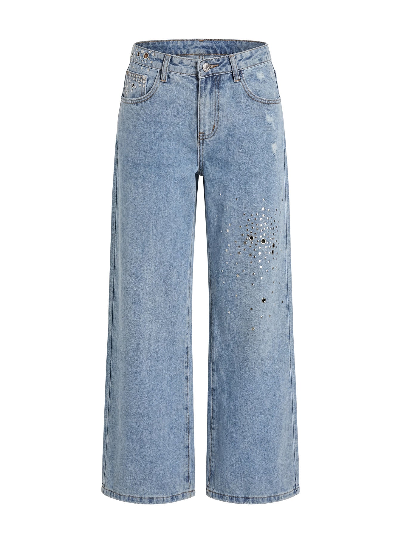 Candi Mid Rise Wide Leg Studded Jeans Light Blue Wash