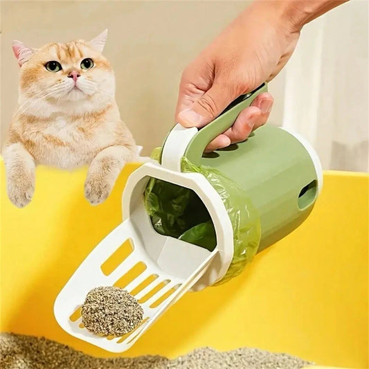 Cat Litter Scoop With Detachable Garbage Bag Holder - Plastic Shovel With Splash Guard For Easy Litter Box Cleaning - Suitable For All Cat Breeds (Garbage Bag Style Random)