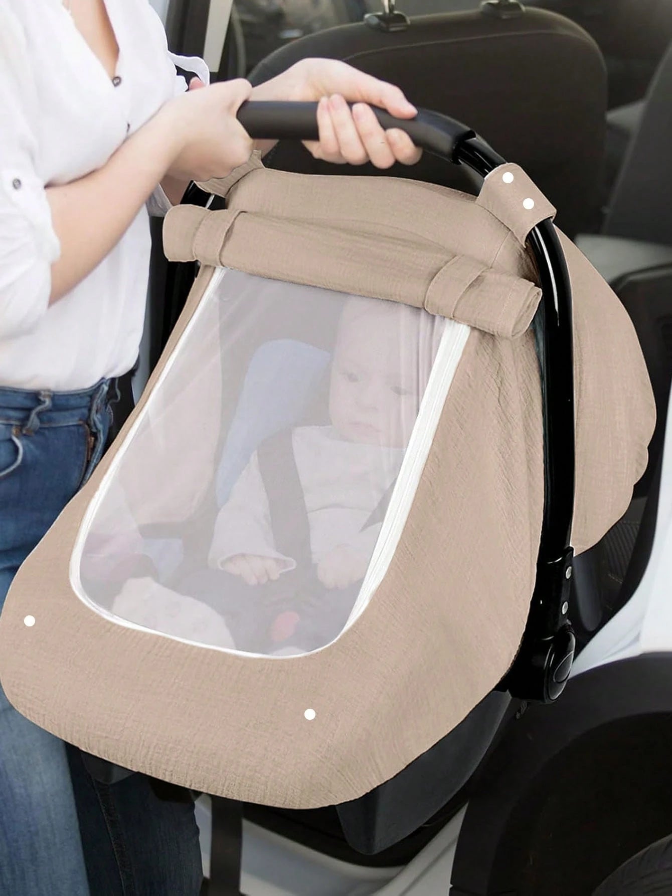 1pc Baby Car Seat Cover, Unisex Car Seat Sunshade With Ventilation Window, Lightweight Infant Car Seat Protector, Universal Blue Dust Cover, Full Muslin Protective Cover, Wind Net, Suitable For Stroller, Window Design, All Seasons
