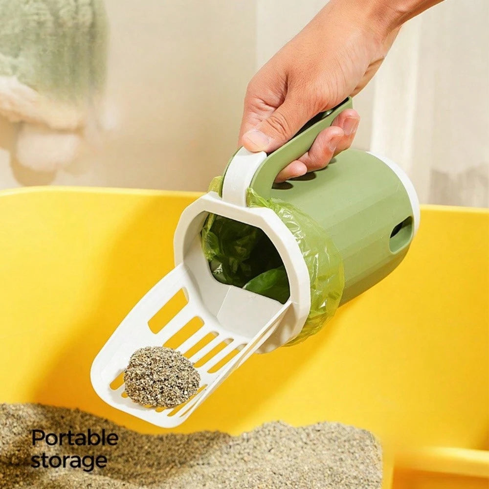 Cat Litter Scoop With Detachable Garbage Bag Holder - Plastic Shovel With Splash Guard For Easy Litter Box Cleaning - Suitable For All Cat Breeds (Garbage Bag Style Random)
