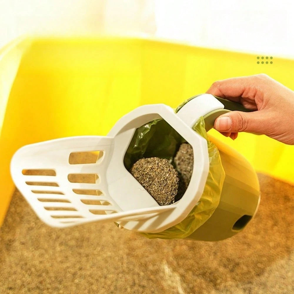 Cat Litter Scoop With Detachable Garbage Bag Holder - Plastic Shovel With Splash Guard For Easy Litter Box Cleaning - Suitable For All Cat Breeds (Garbage Bag Style Random)