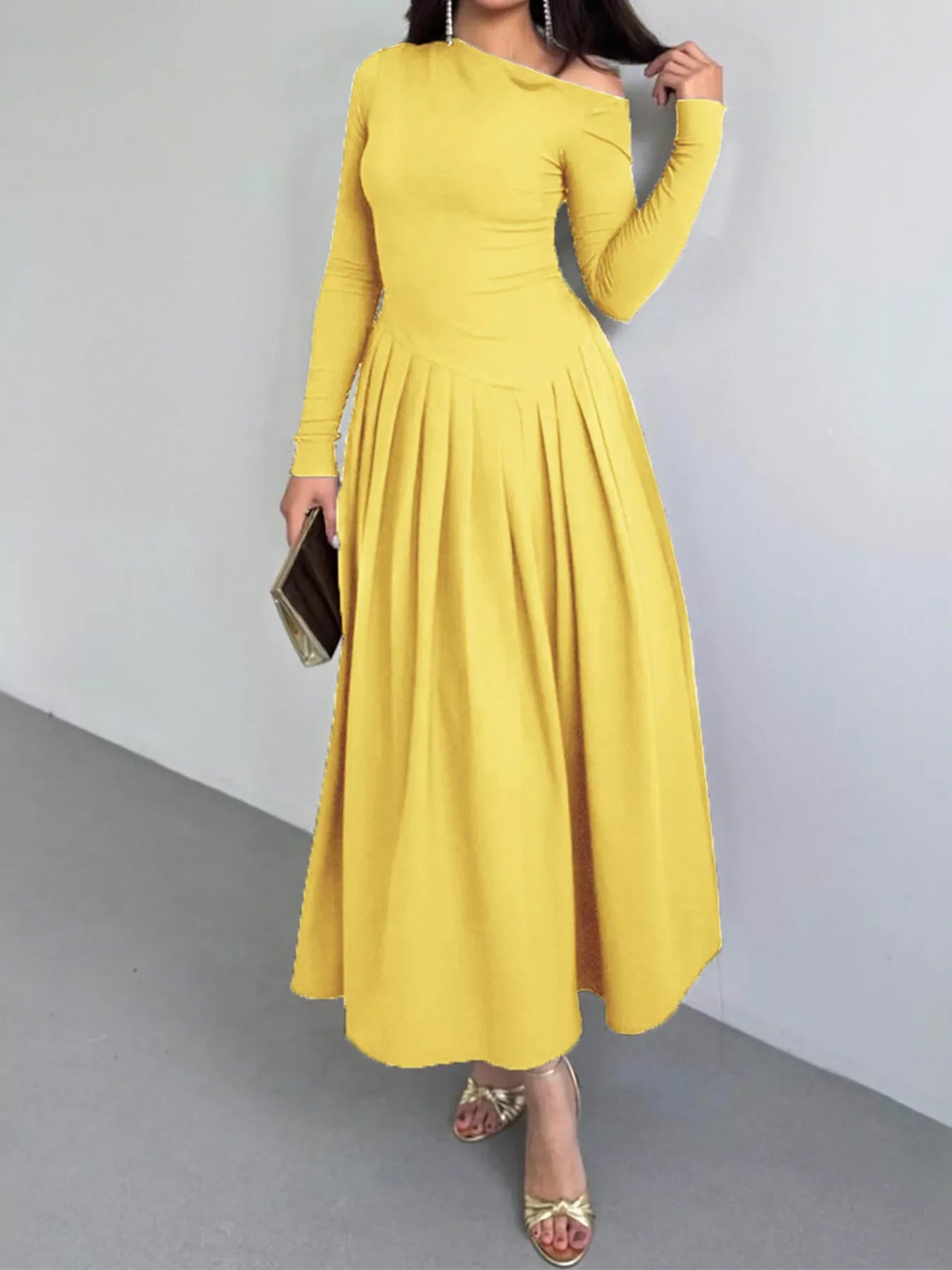 Ruched One Shoulder Long Sleeve Dress