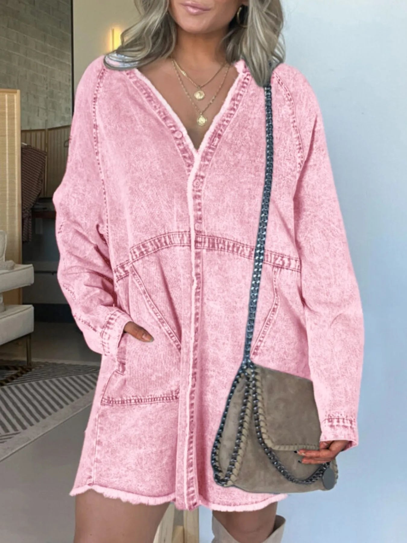 Full Size Button-Front Long Sleeve Denim Shirt Dress Plus Size