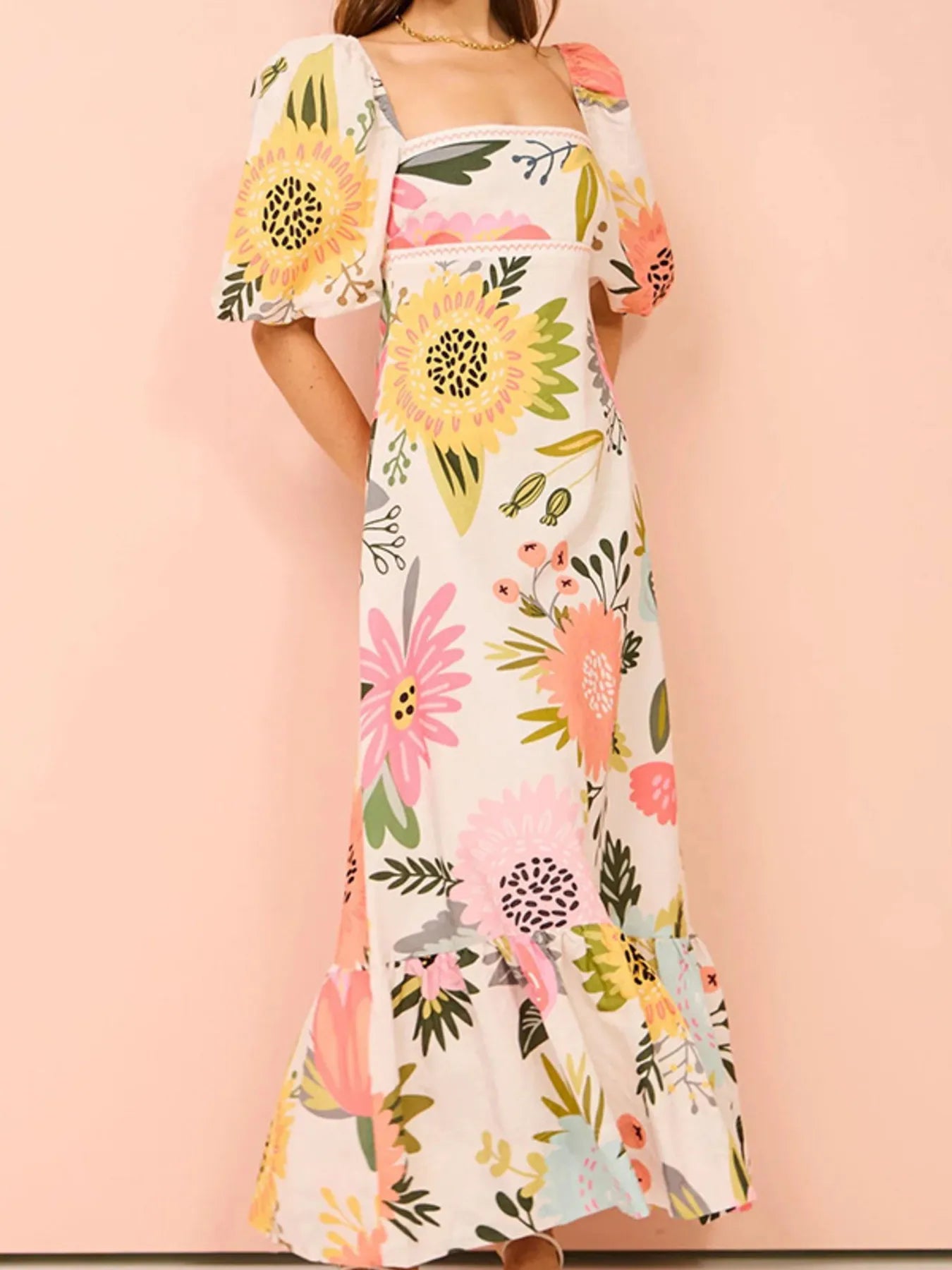 Floral Square Neck Puff Sleeve Maxi Dress with Ruffle Hem
