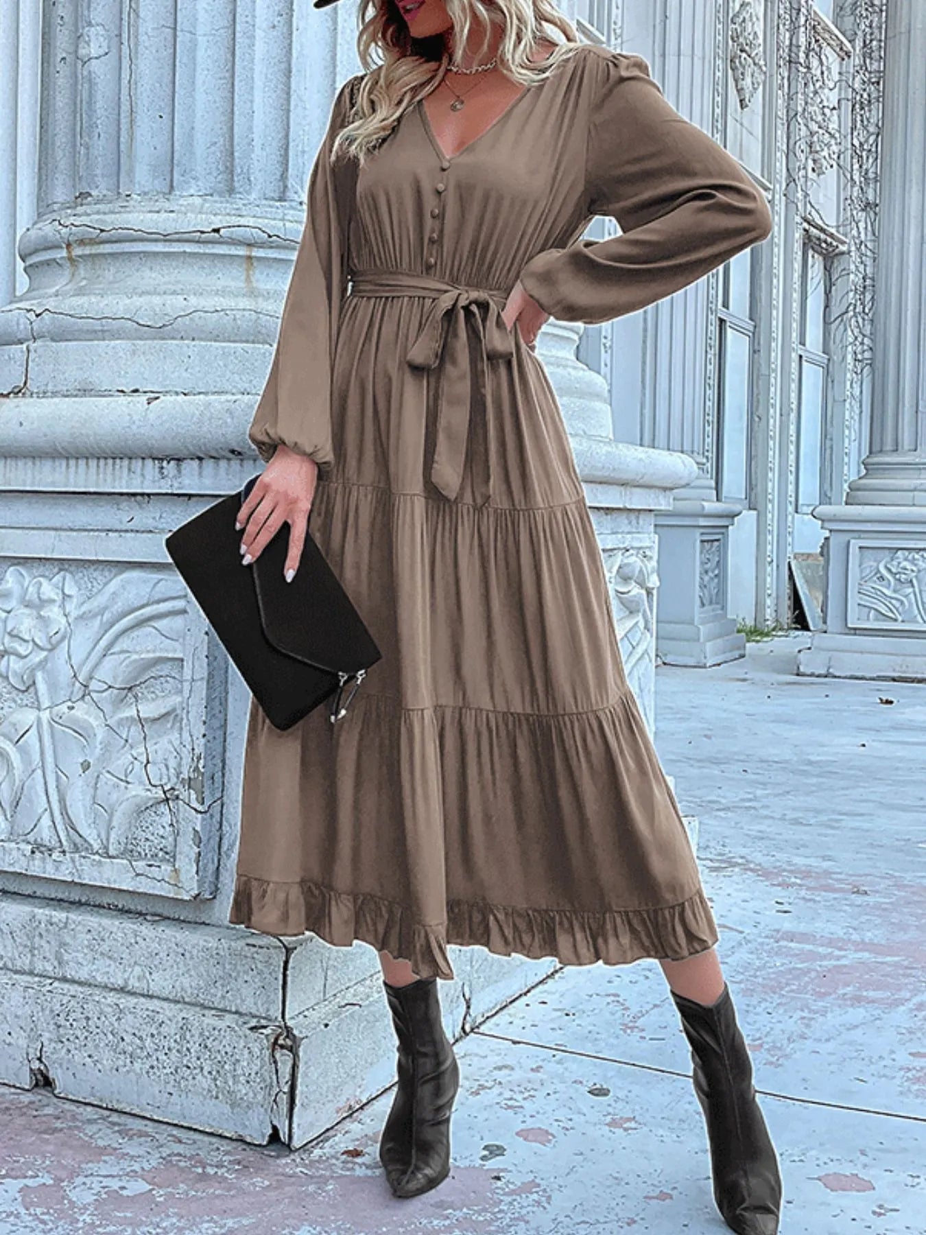 Ruffled Hem V-Neck Balloon Sleeve Dress