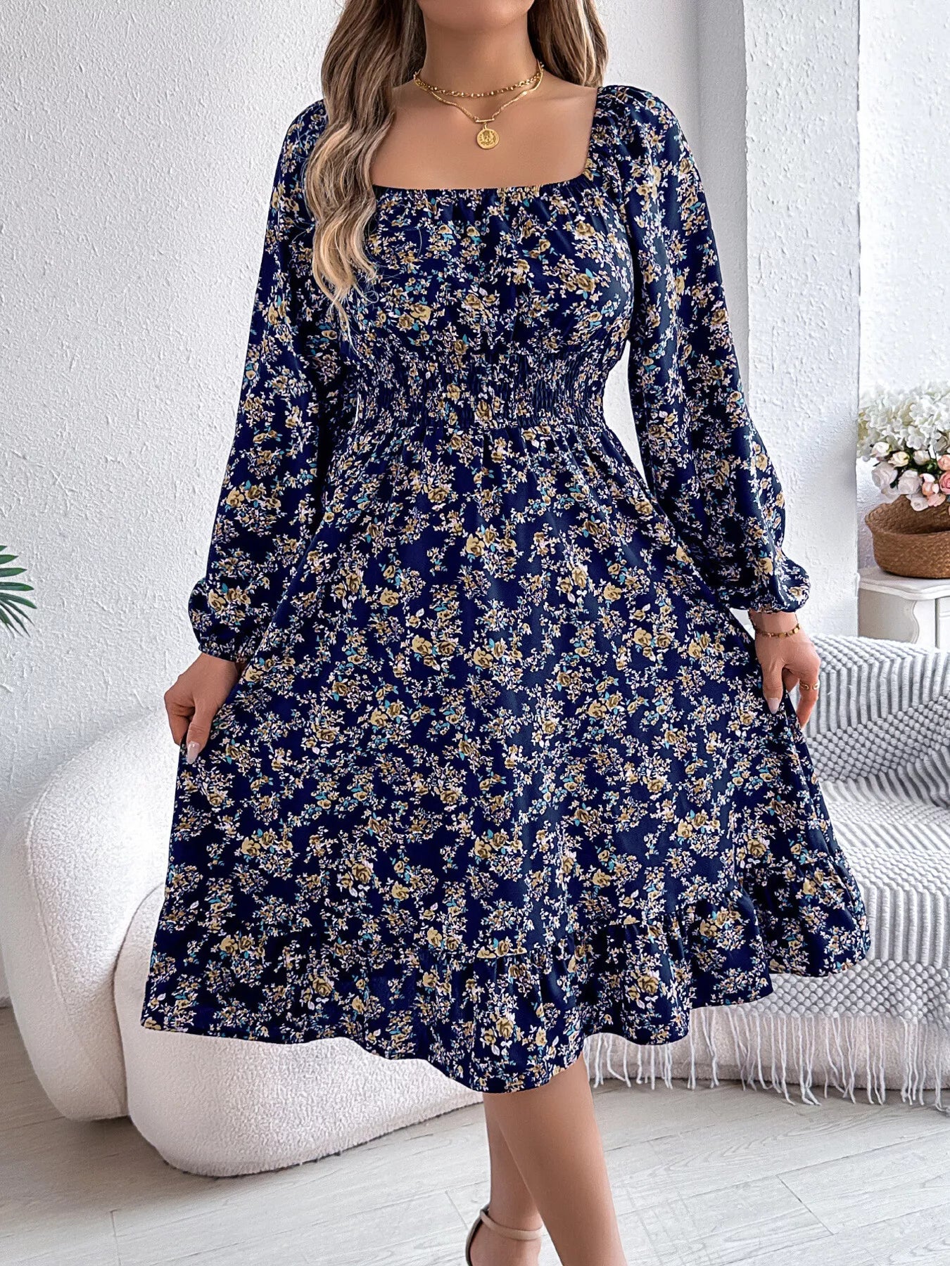 Floral Print Long Sleeve Square Neck Midi Dress