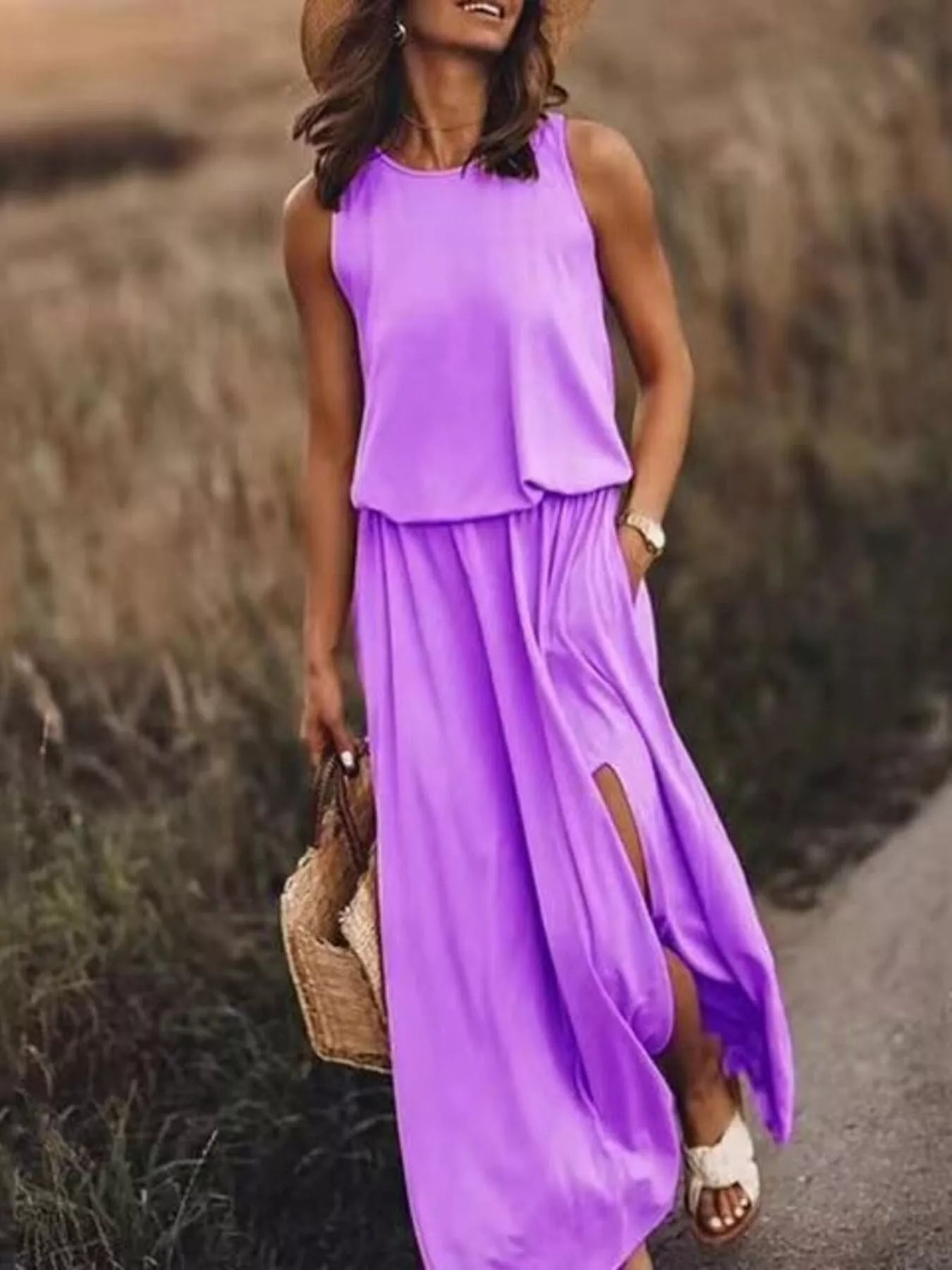 Full Size Round Neck Sleeveless Slit Maxi Dress Plus Size
