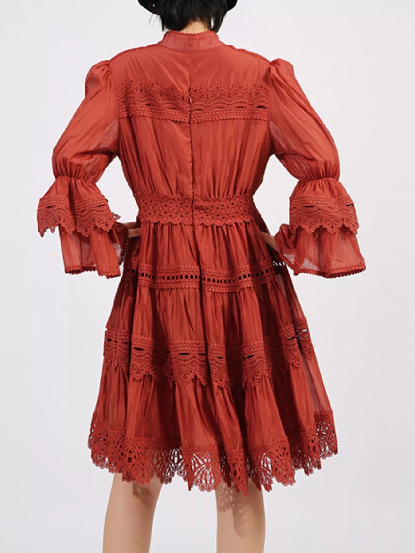 Ruffle Lace Trim Long Sleeve Dress