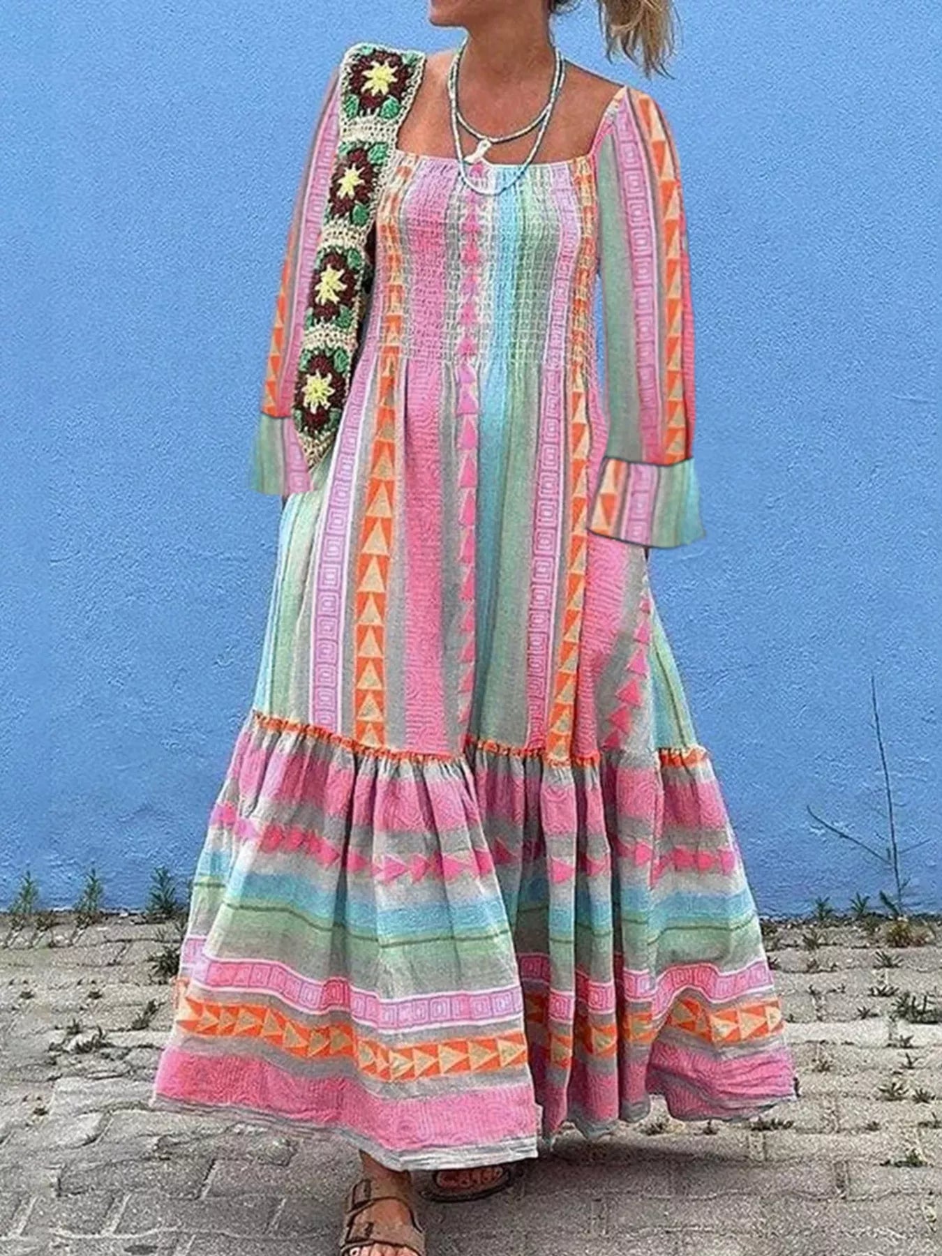 Smocked Square Neck Flounce Sleeve Maxi Dress