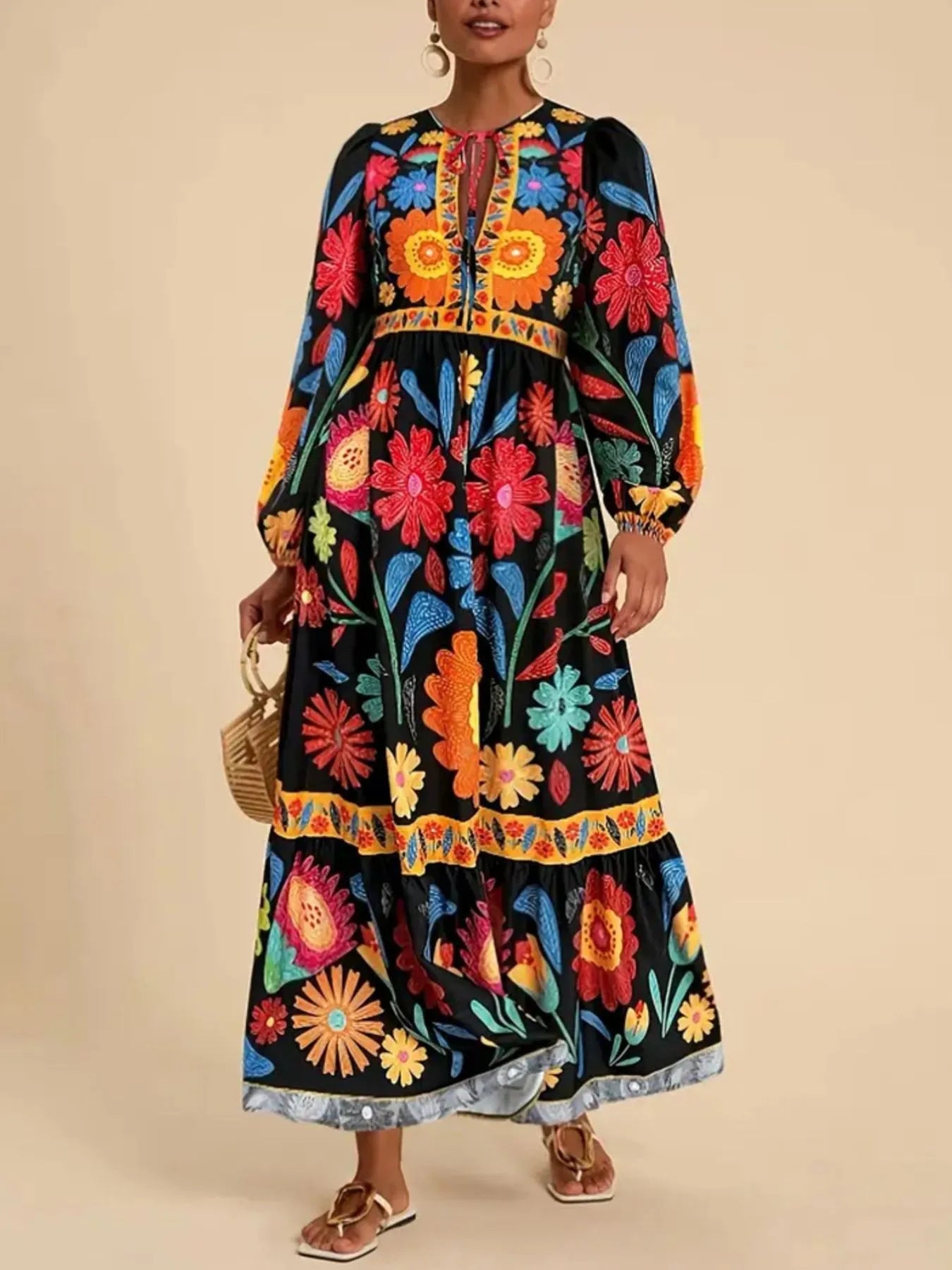 Floral Tie Waist Long Sleeve Dress