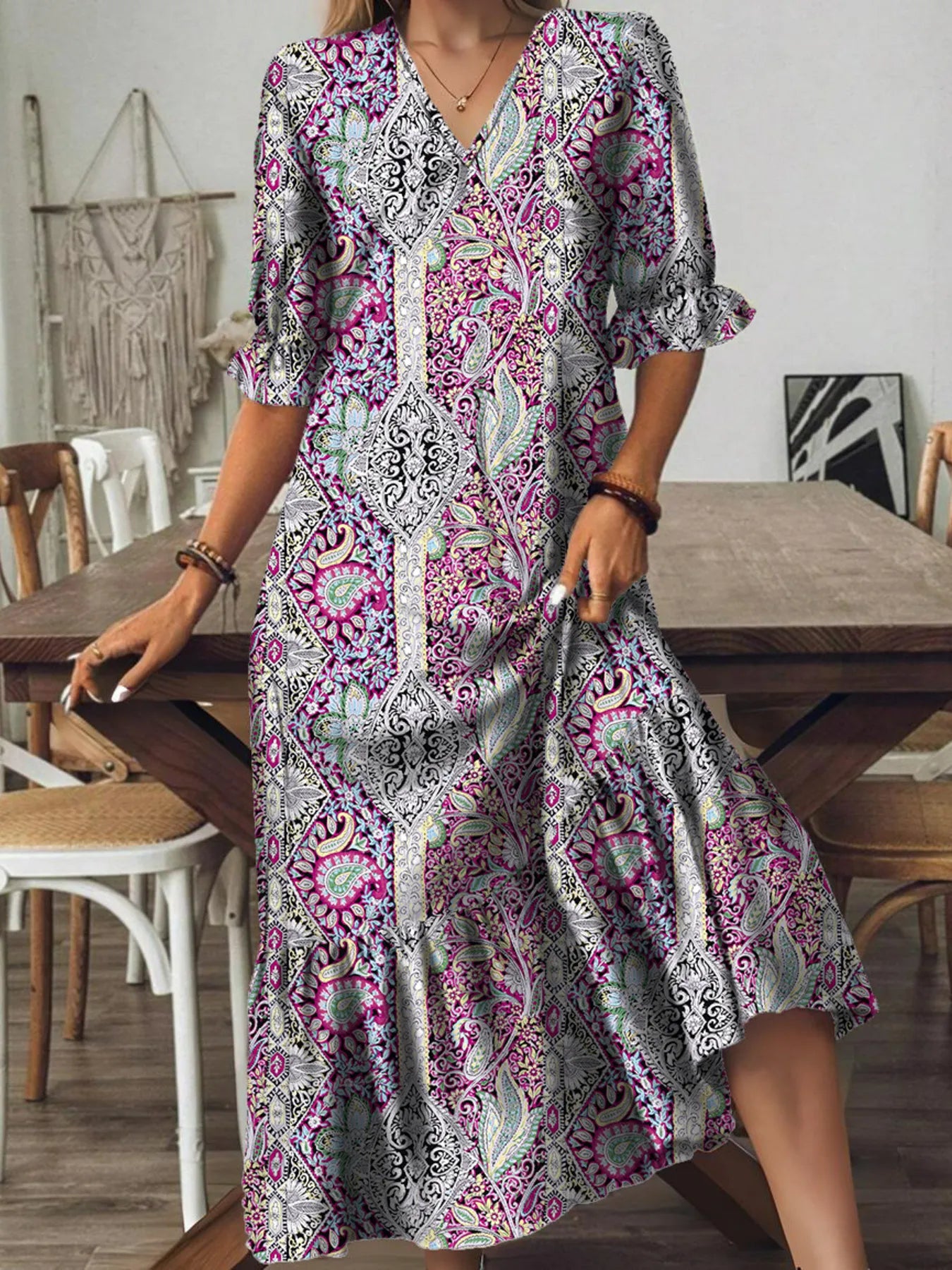 Full Size Bohemian Paisley Print V-Neck Midi Dress Plus Size
