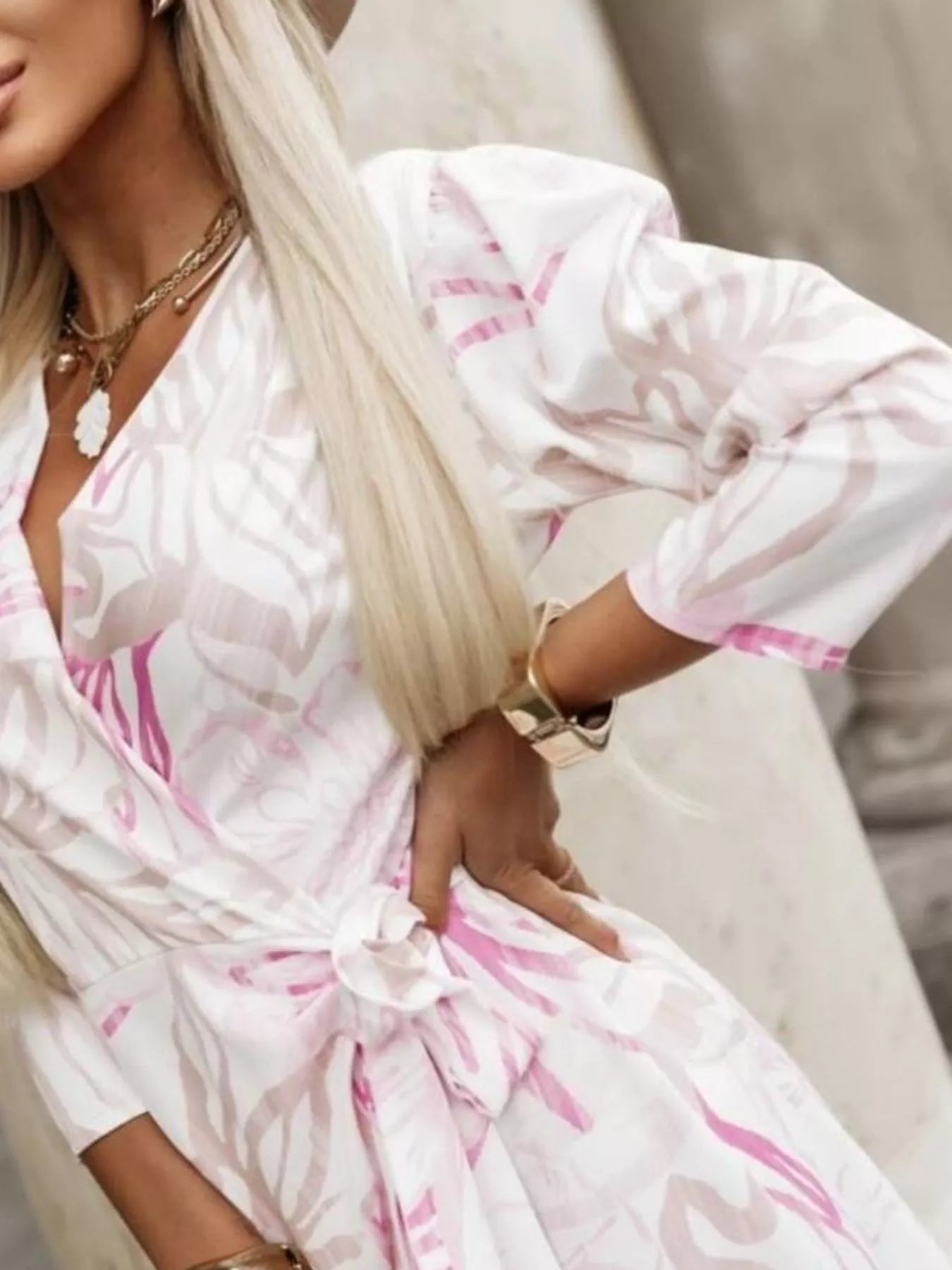 Printed Surplice Long Sleeve Wrap Dress
