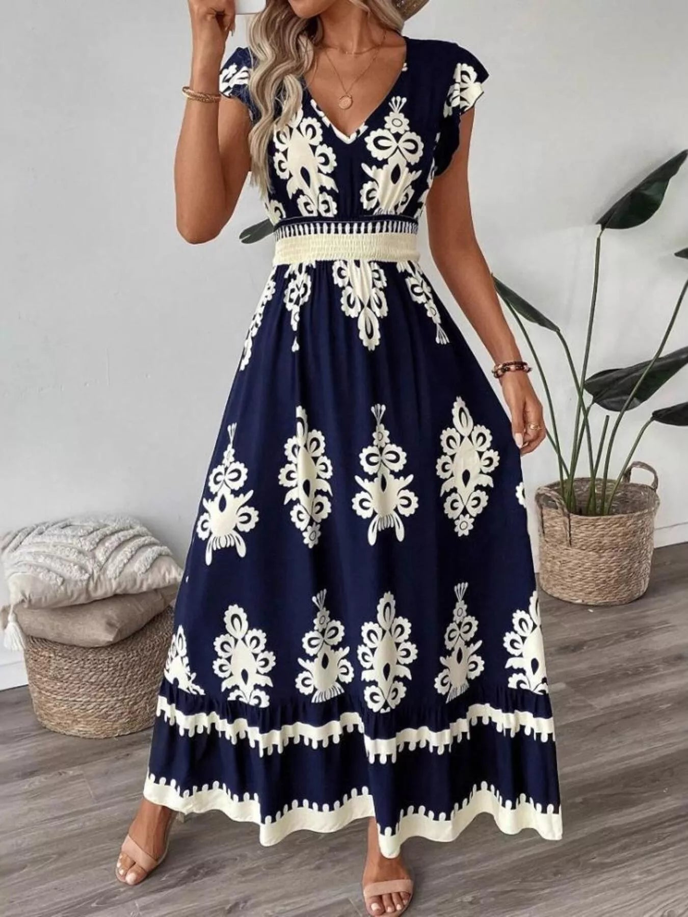 Printed V-Neck Ruffled Cap Sleeve Dress