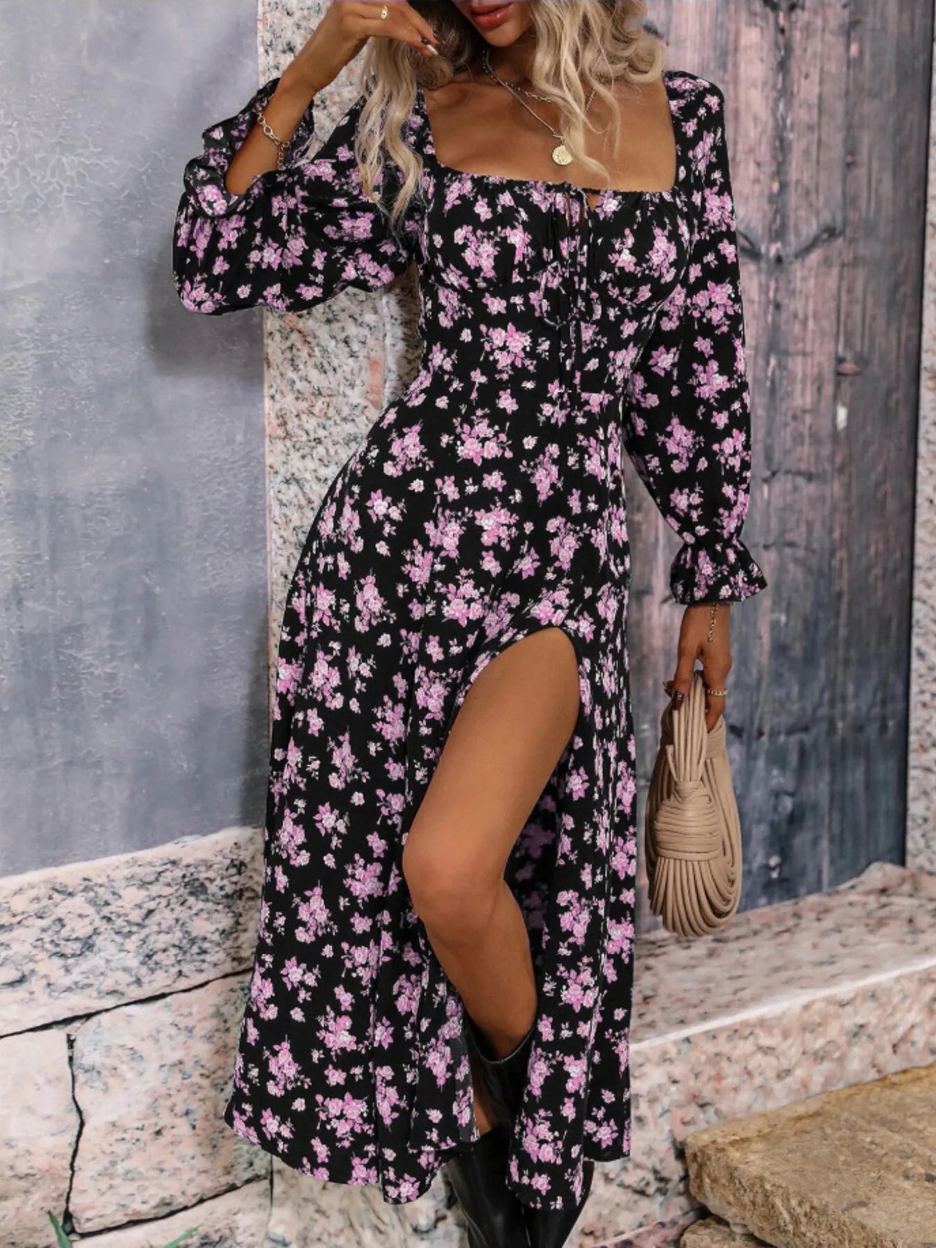 Floral Print Square Neck Flounce Sleeve Dress with Side Slit