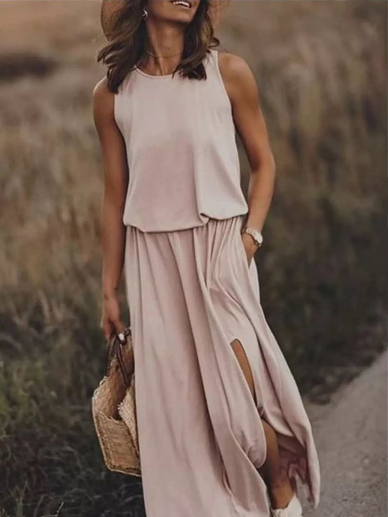 Full Size Round Neck Sleeveless Slit Maxi Dress Plus Size