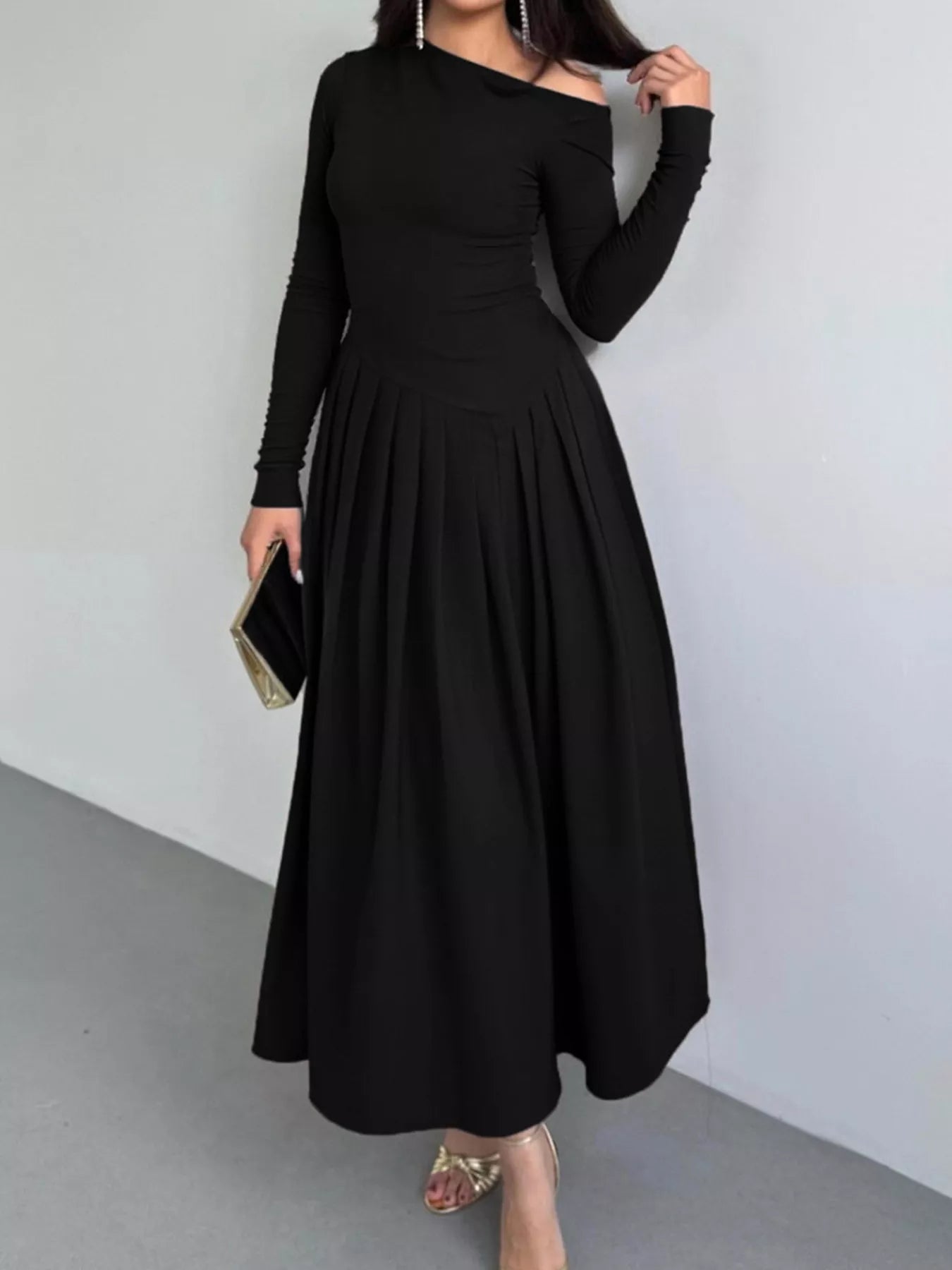 Ruched One Shoulder Long Sleeve Dress
