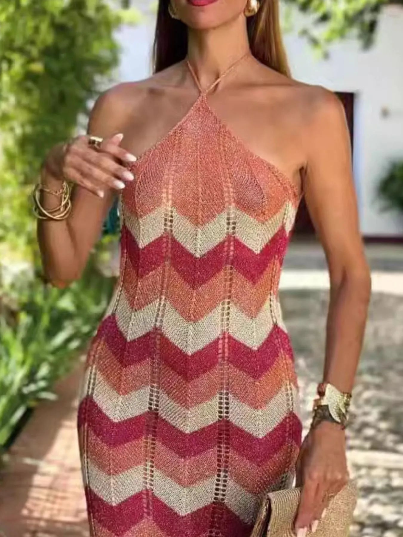 Chevron Pattern Halter Neck Sweater Dress