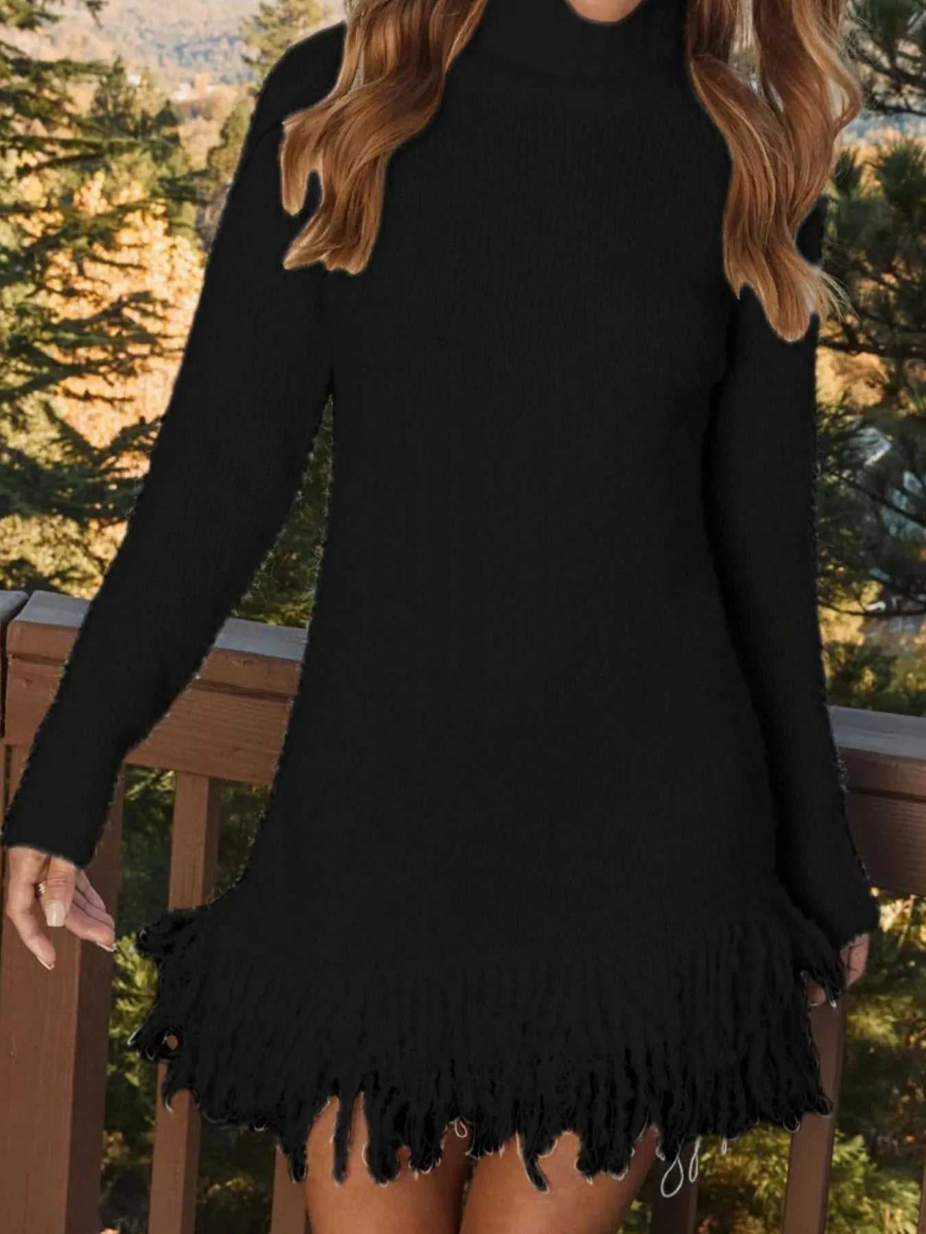 Fringe Turtleneck Long Sleeve Sweater Dress