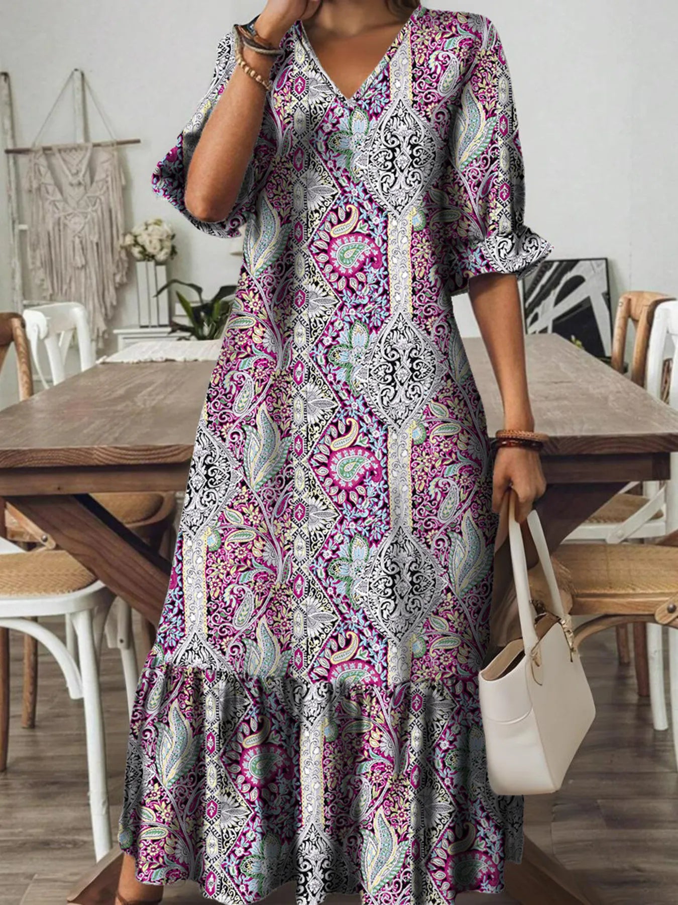 Full Size Bohemian Paisley Print V-Neck Midi Dress Plus Size