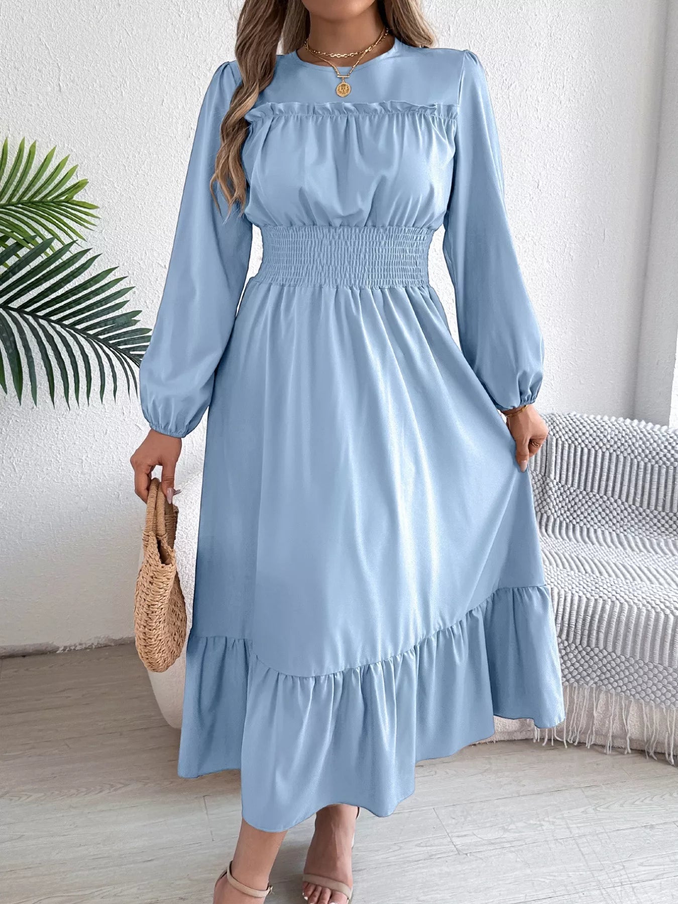 Round Neck Balloon Sleeve Tiered Dress