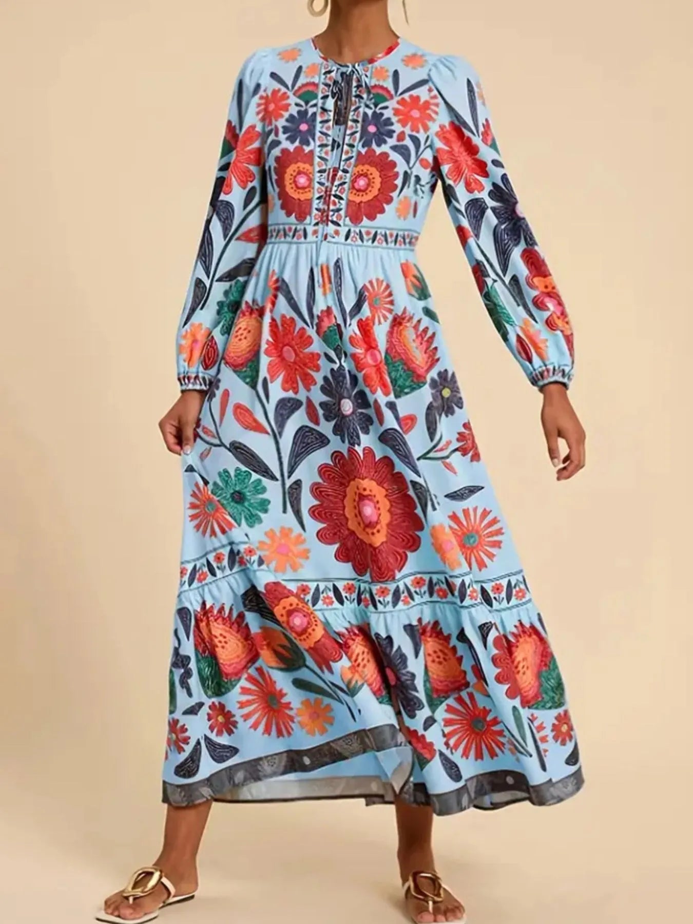 Floral Tie Waist Long Sleeve Dress