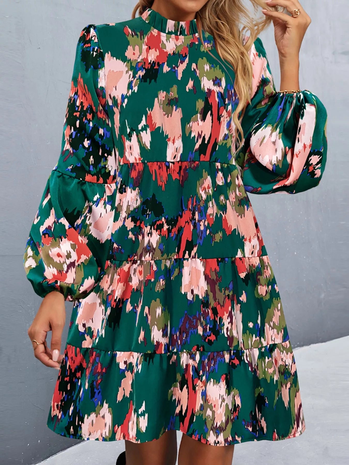 Printed Balloon Sleeve Mini Dress