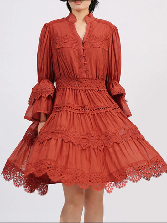 Ruffle Lace Trim Long Sleeve Dress