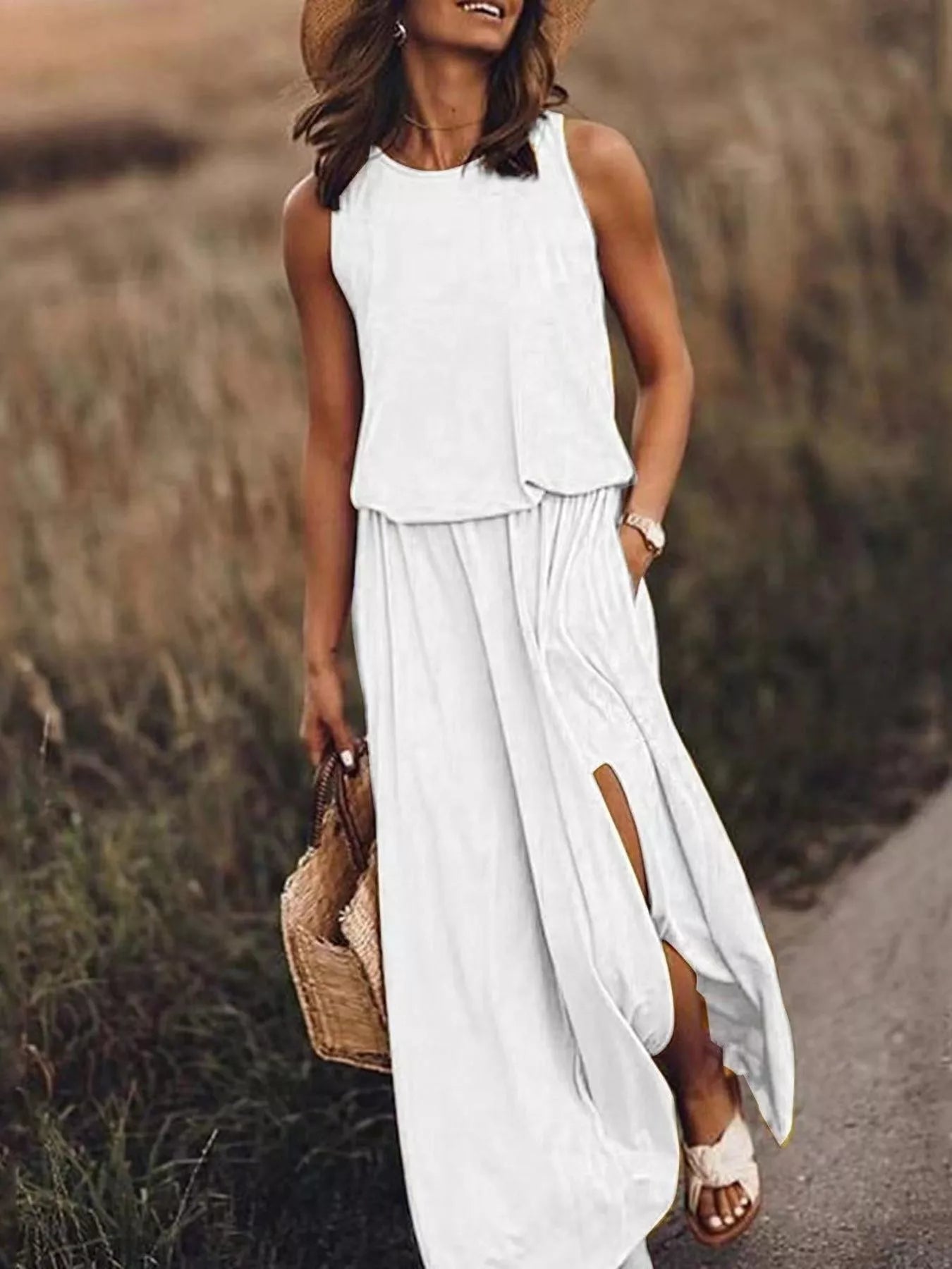 Full Size Round Neck Sleeveless Slit Maxi Dress Plus Size